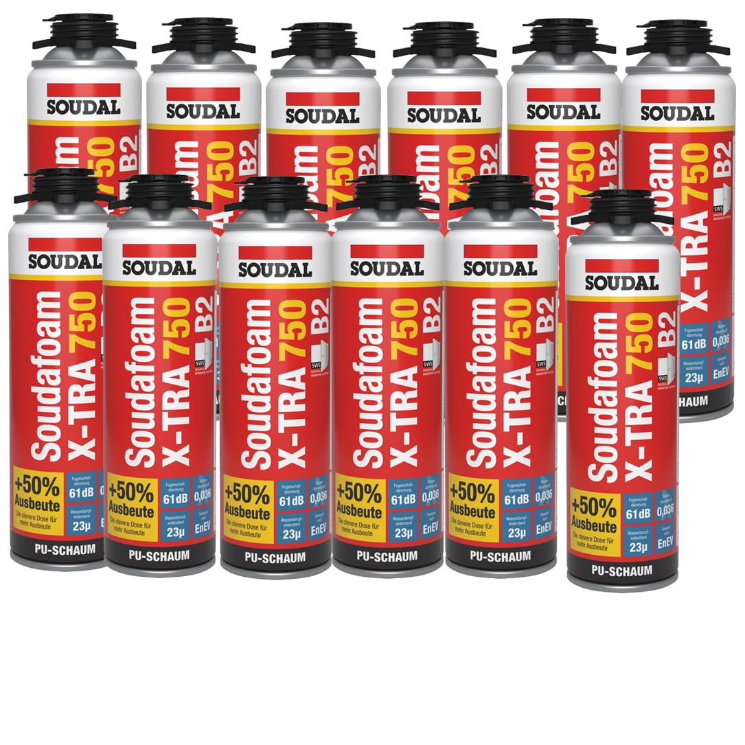 Soudal Kombi Set 12 x Soudafoam B2 X-TRA750 500ml Pistolenschaum Verfüllung Bauanschlussfugen inkl. Reiniger + Schaumpistole Compact- gebrauchsfertig, schall- und wärmedämmend