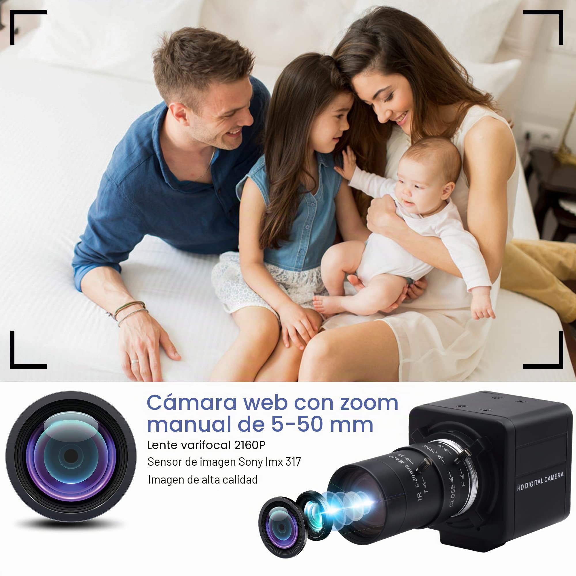 G Webcam 4K Varifocal USB 10X Zoom Óptico, 5-50 mm Vari-Focus Webcam 4K Ultra HD 2160P, Sensor IMX317, Varifocal USB Zoom Webcam para Mac/Windows/Linux