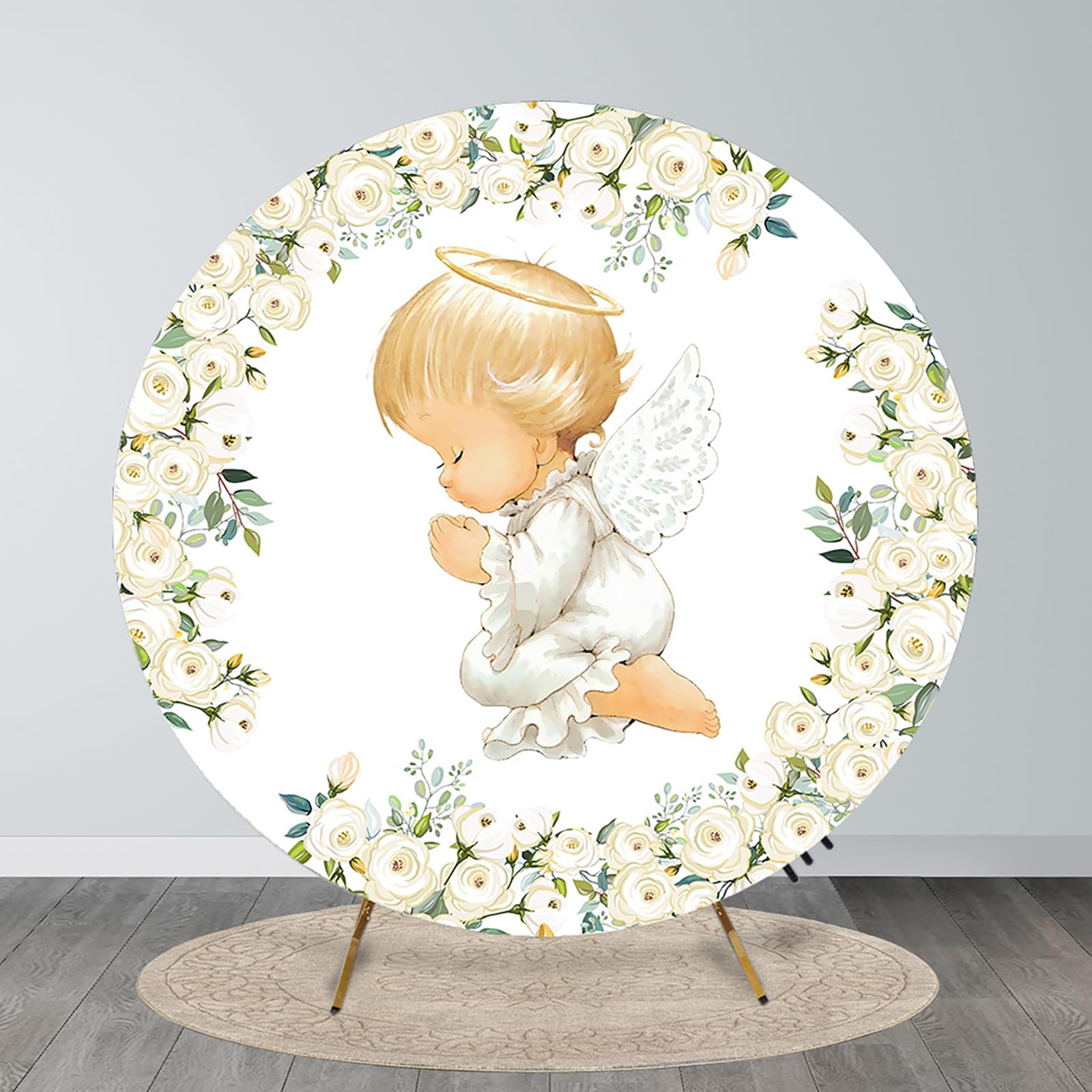 MEHOFOND 2m (6.5ft) Diameter Baptism Round Background Angel White Flowers My First Communion Photography Background Party Decoration Banner Background Cover Props (Booth Not Included)