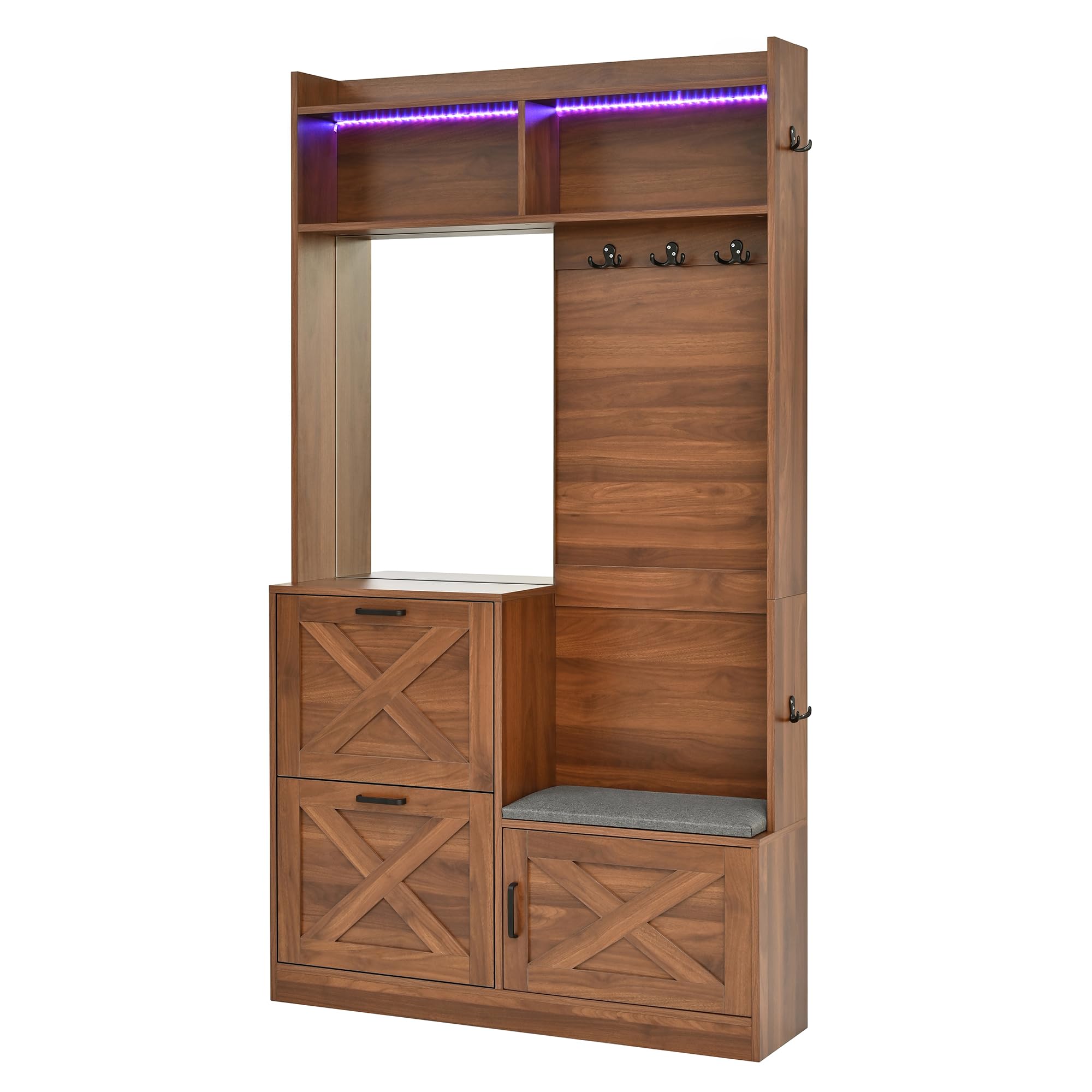 Armario compacto para pasillo con 2 compartimentos para zapatos plegables, espejo de cuerpo entero, LED de color ajustable mediante aplicación, asas de metal, cuerpo de PB+MDF