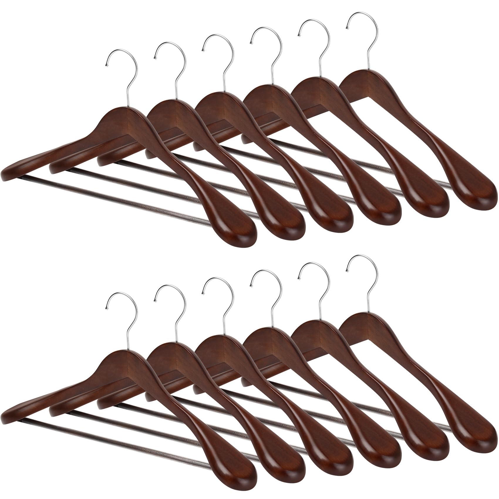 MELA'S Wooden Wide Clothes Hanger, Natural Wood, Pack of 12, Non-Slip, for Stable Jacket, Suit, Shirts, Extra Wide Shoulders, Trouser Bars, 45 x 23 x 5.5(Walnut)