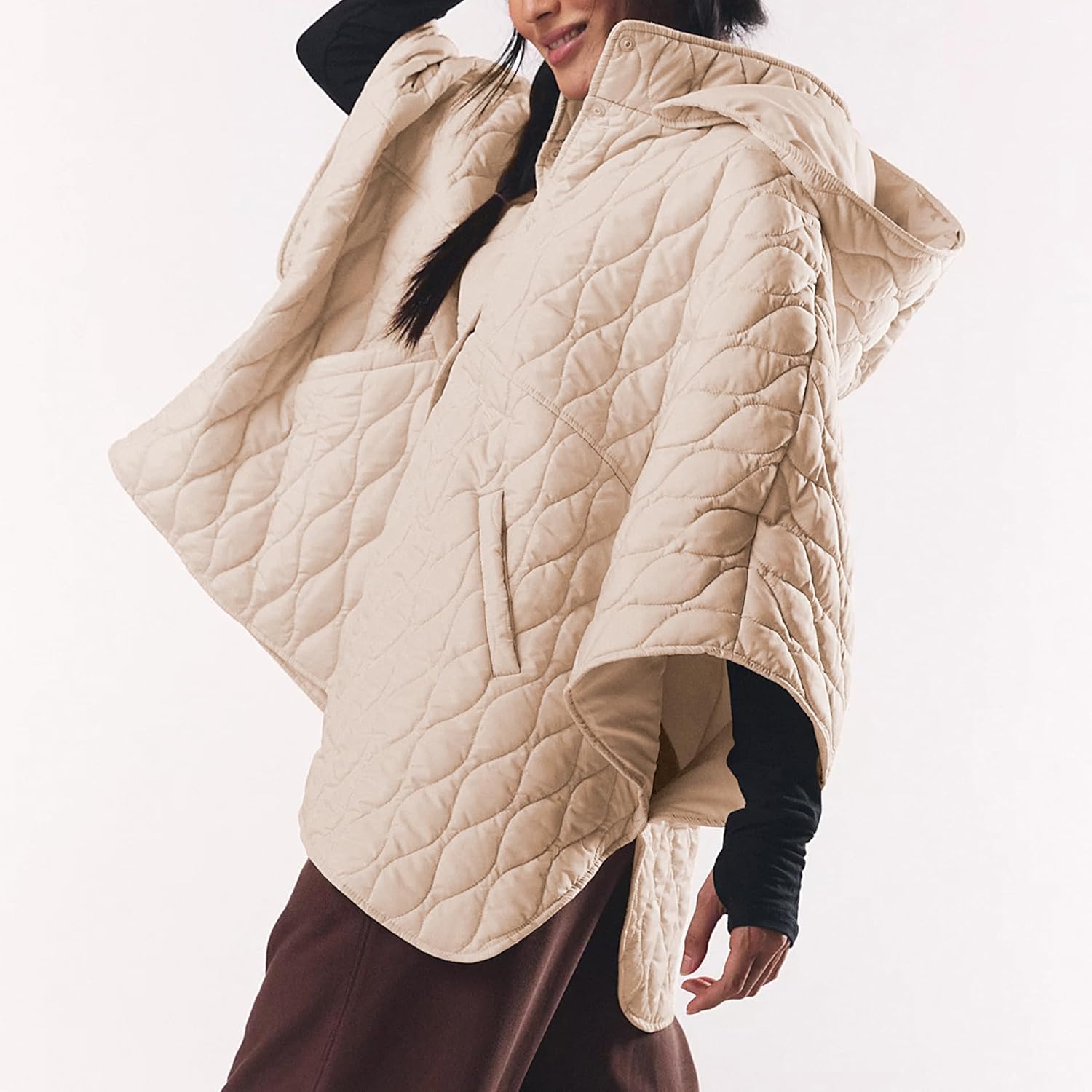 Songling Womens Oversized Splice Quilted Poncho Lightweight Puffer Jacket Hoddie Button Down Casual Padded Coat Outwear