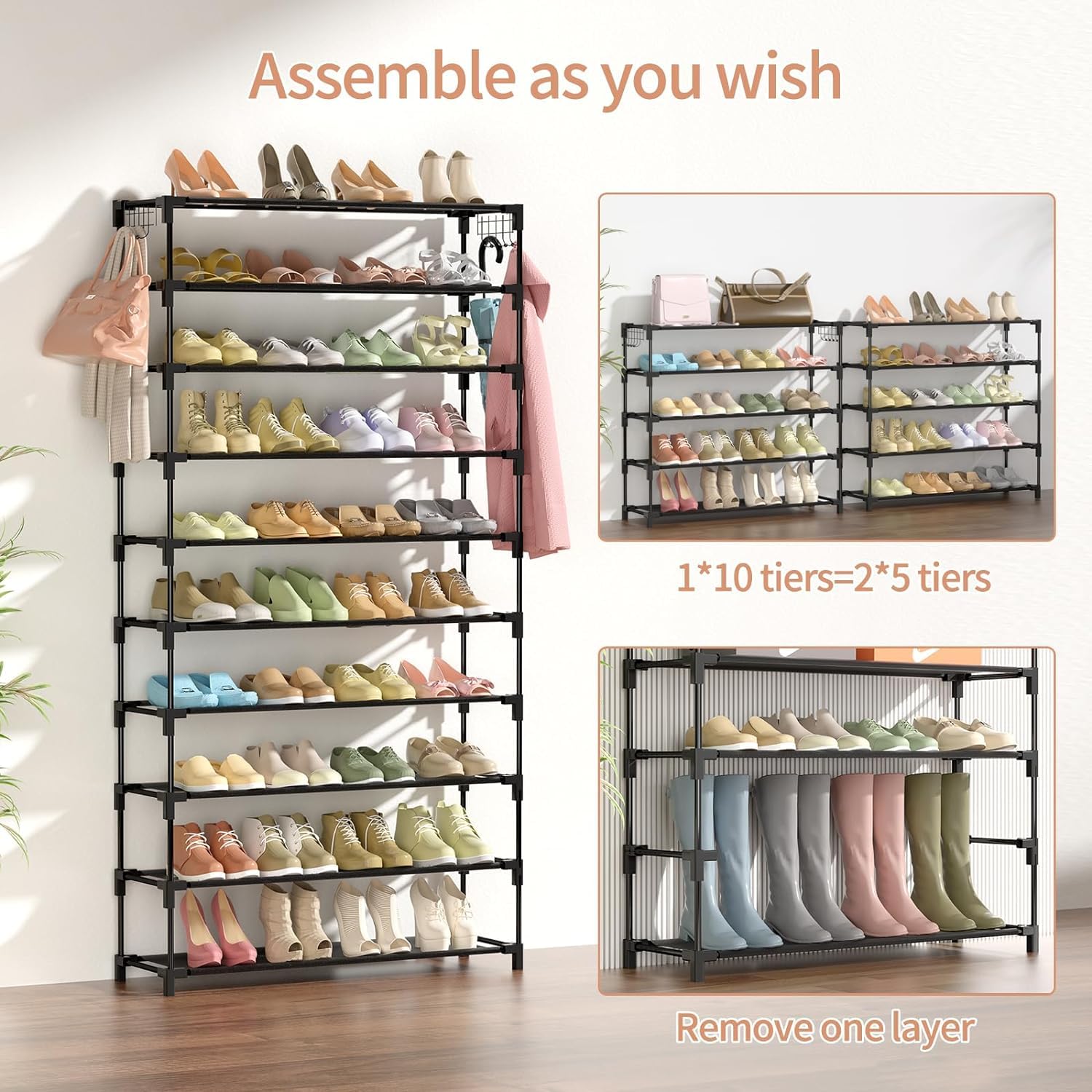 Vicye Étagère à Chaussures à 10 Niveaux, Rangement Chaussure Haut pour 50 Paires de Chaussures, Meuble Chaussure Métal Shoe Rack, Porte Chaussures pour Entrée, Chambre, Couloir, 86 x 25 x 155 cm, Noir
