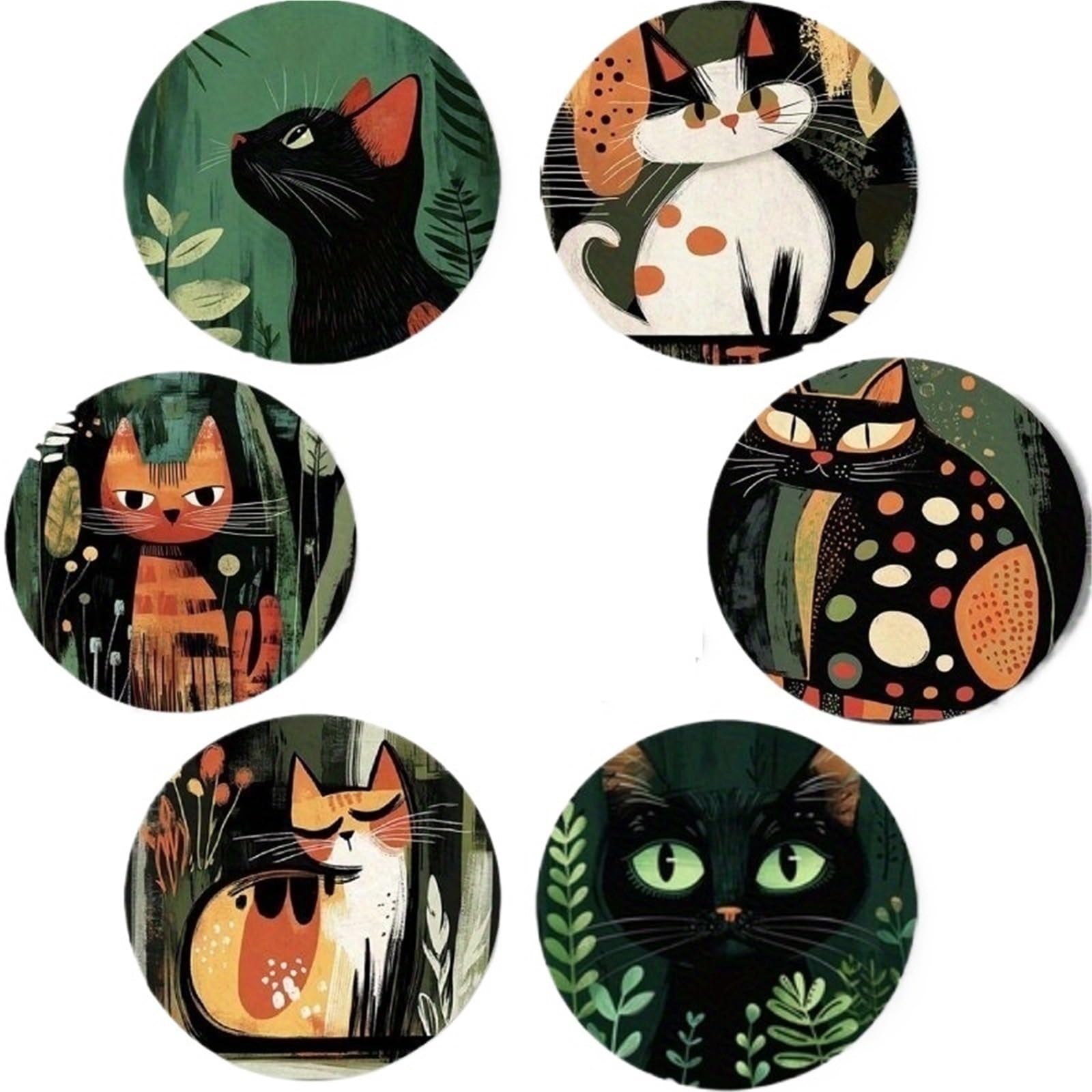 Wooden Round Coasters 6Pcs 4In 2D Black Cat Wooden Coasters