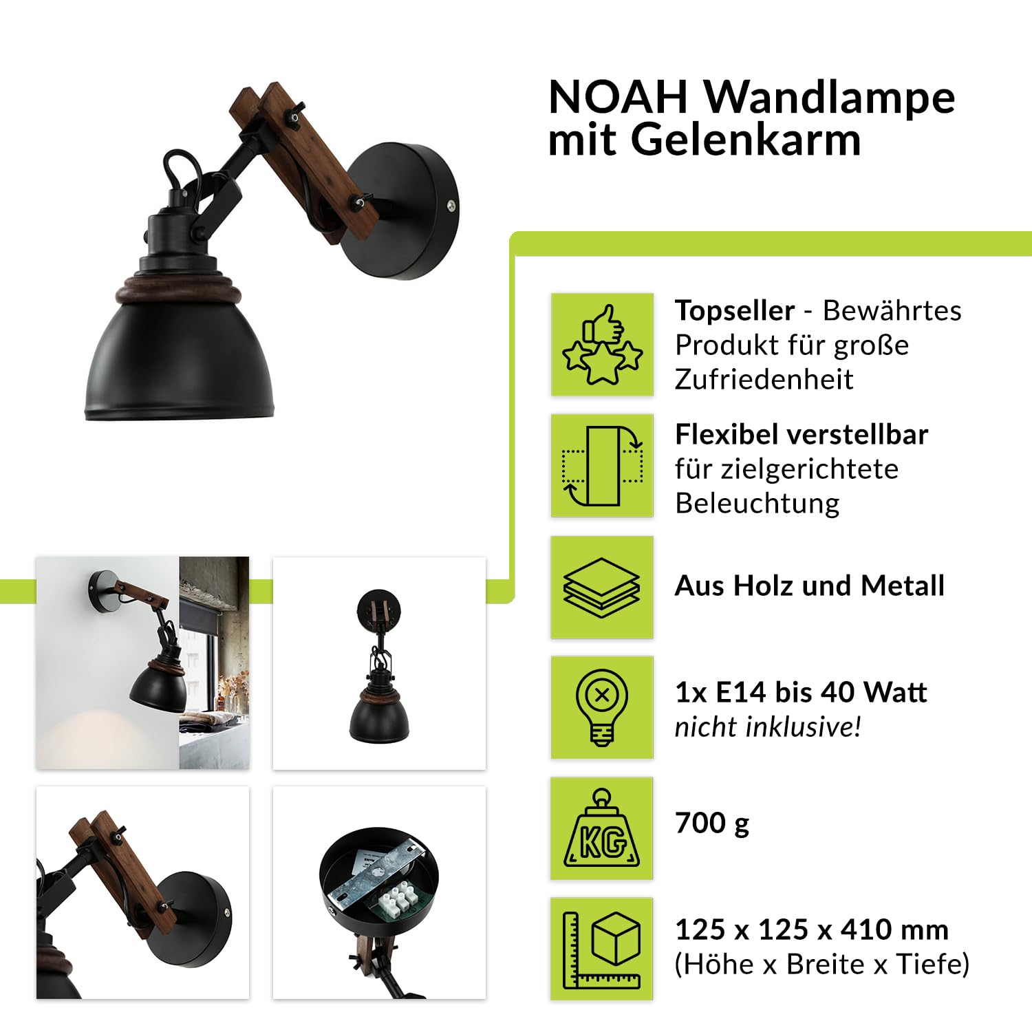 Licht-Erlebnisse Wandleuchte Metall Holz in Schwarz Natur Wohnzimmer Schlafzimmer T:41 cm E14 bis 40 W flexibel wohnliche Retro Wandlampe Flur NOAH