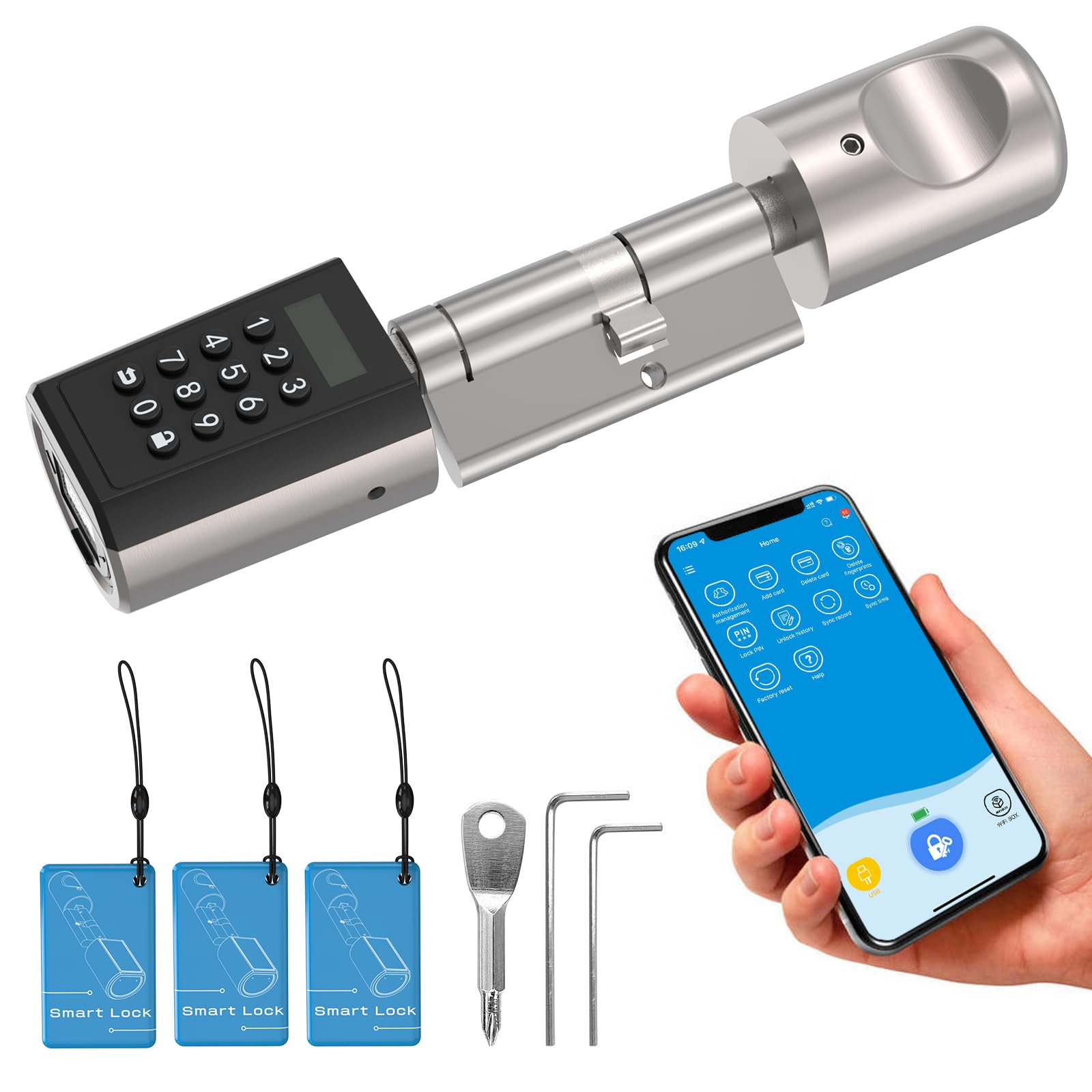 WELOCK PCB41 serratura smart con password, cilindro europeo regolabile da 50 a 100 mm con Bluetooth, password, scheda RFID, pulsante e WIFIBOX per l'accesso remoto allo sblocco (Argento, PCB41)
