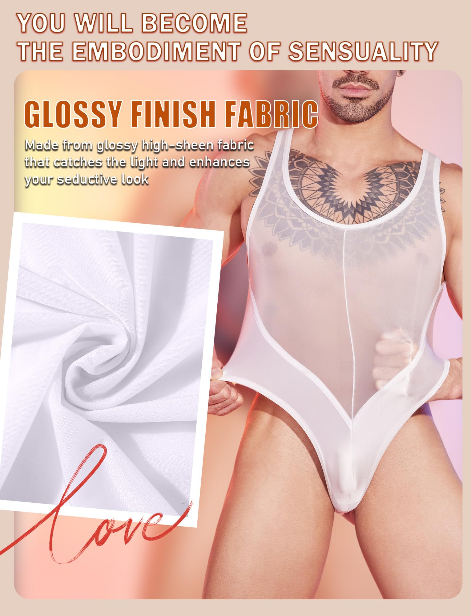 FEOYA Body Transparent pour Homme Brillante Bodysuit sans Manches