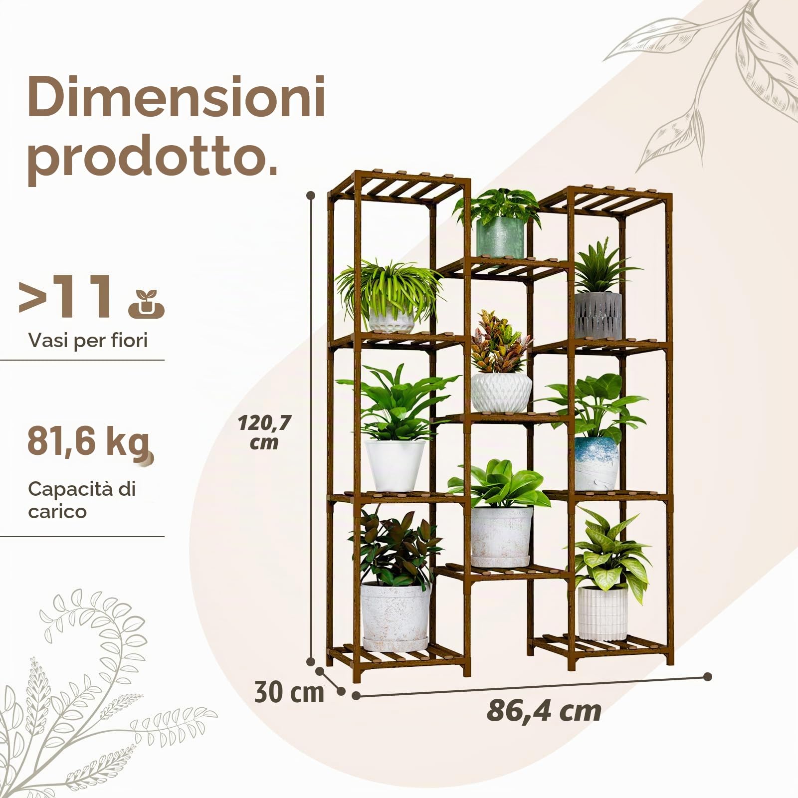 Bamworld Supporto per piante alto e grande supporto per piante in legno per soggiorno scaffale per piante da esterno per interni piante multiple patio balcone giardino