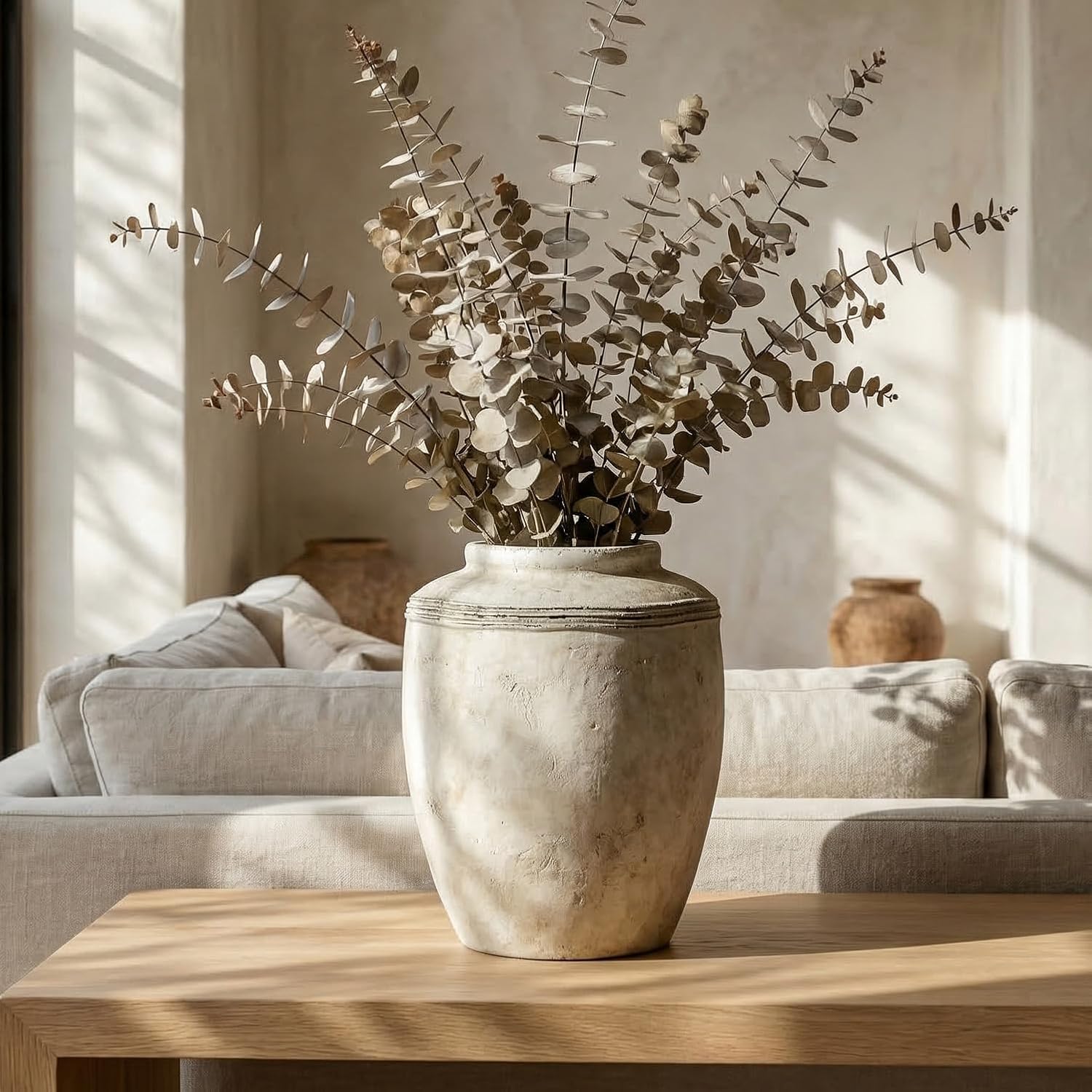 Large Ceramic Flower Vase, Rustic Farmhouse Terracotta Vase for Home Decor, Decorative Pottery Vases for Table Centerpiece, Living Room, Bookshelf, Bedroom, Kitchen, 10.4" (Large)