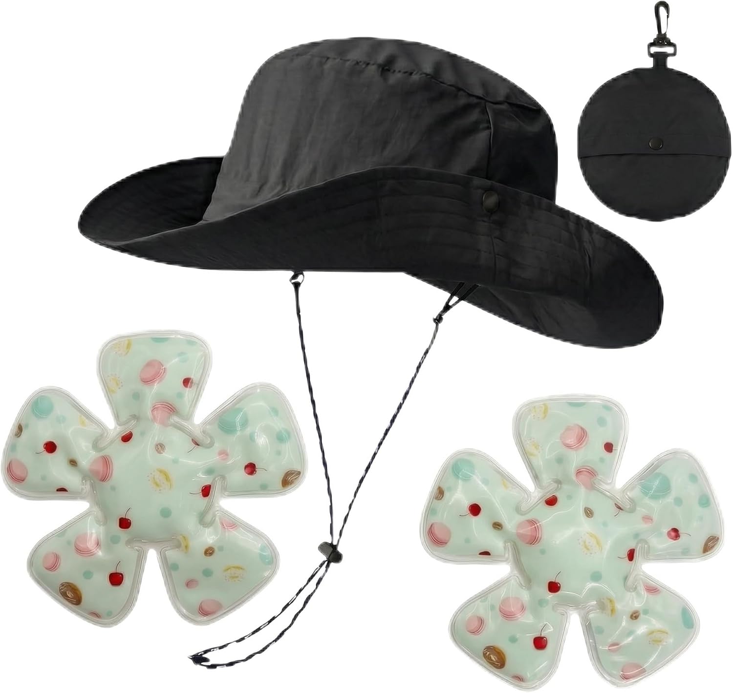 Cooling Sun Hat with Ice Pack, Wide Brim Bucket Hat, Foldable & Packable, Windproof Strap, for Hiking, Camping, Fishing, Travel (Black)