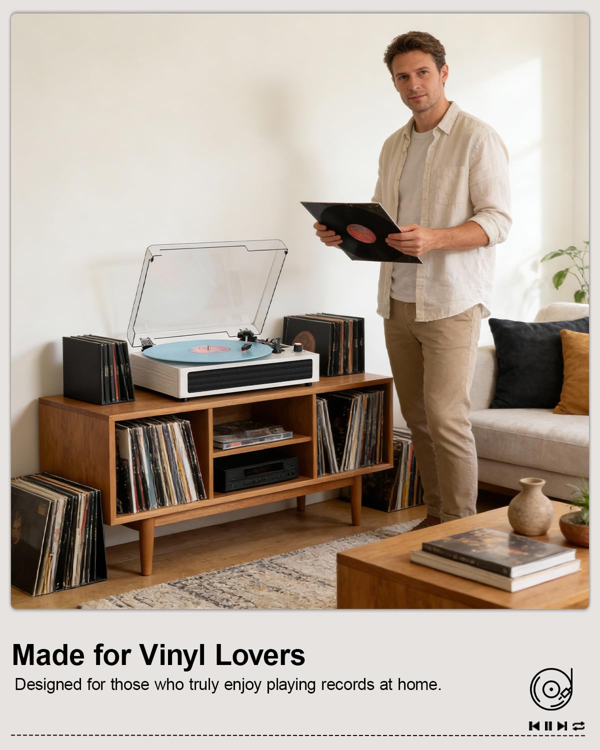 Gramofon Bluetooth, 3-biegowy, retro, winylowy, z wbudowanymi głośnikami, wejście AUX, automatyczne zatrzymanie, nagrywanie USB, napęd pasowy, biały