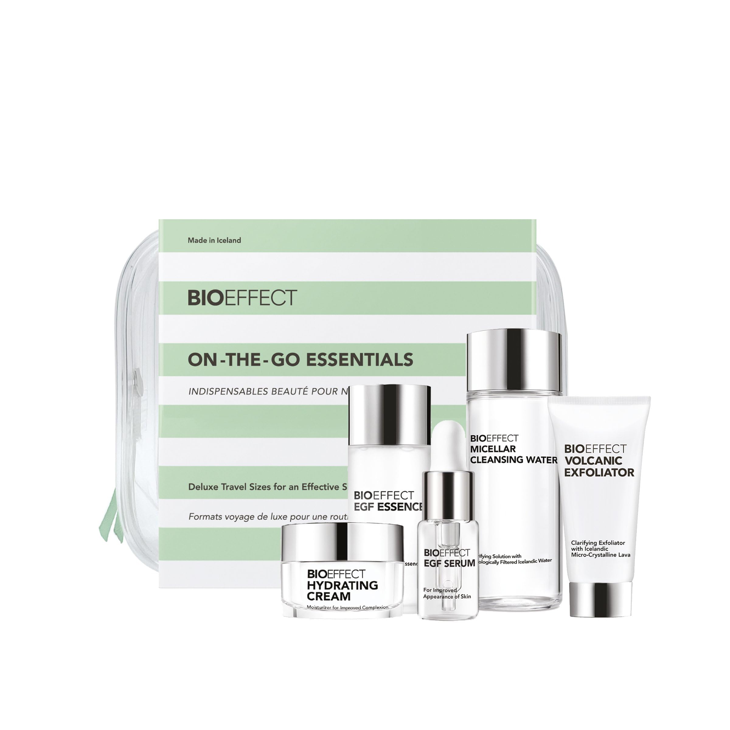 BIOEFFECT On-the-Go EGF Skincare Set | Age-Defying TRAVEL KIT with Growth Factor Serum, Hydrating Cream, Essence Toner, Micellar Cleanser & Volcanic Exfoliator