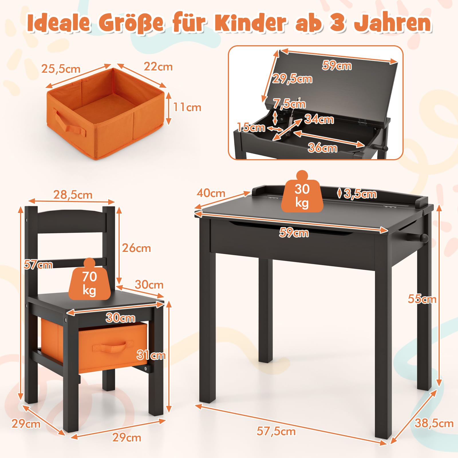 COSTWAY Kindertisch mit Stuhl, Schreibtisch aus Massivholz mit klappbarer Tischplatte, Schublade & Haken, Aktivitätstisch Kindersitzgruppe mit Stauram für Kinder ab 3 Jahren (Mit Box,Braun)