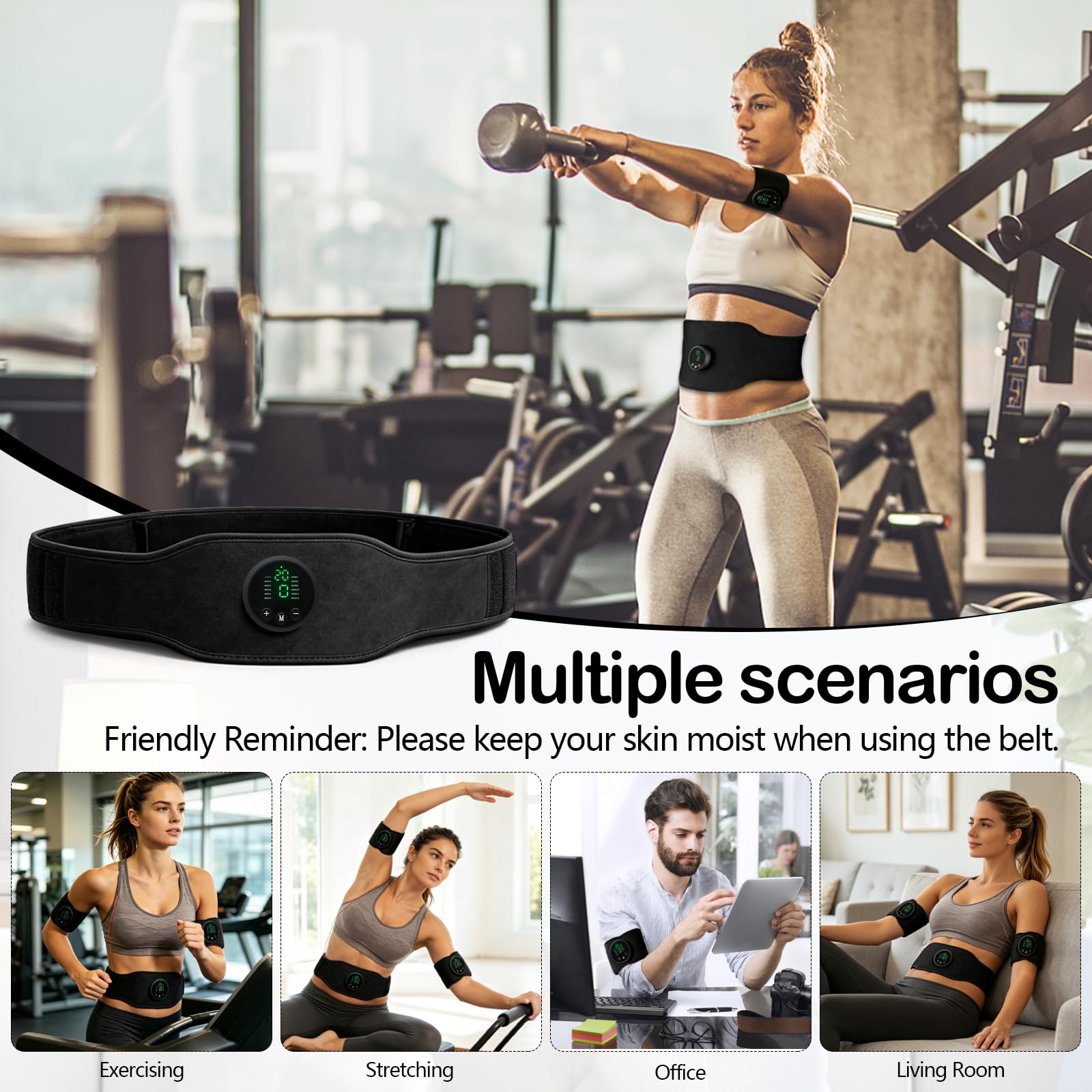 Set di Allenamento EMS Elettrico per Addominali, 3 dispositivi Principali, 2 Pad per Braccia, 1 Cintura, 12 modalità, 19 Livelli di intensità, Unisex, Adatto Anche per Gambe e Schiena