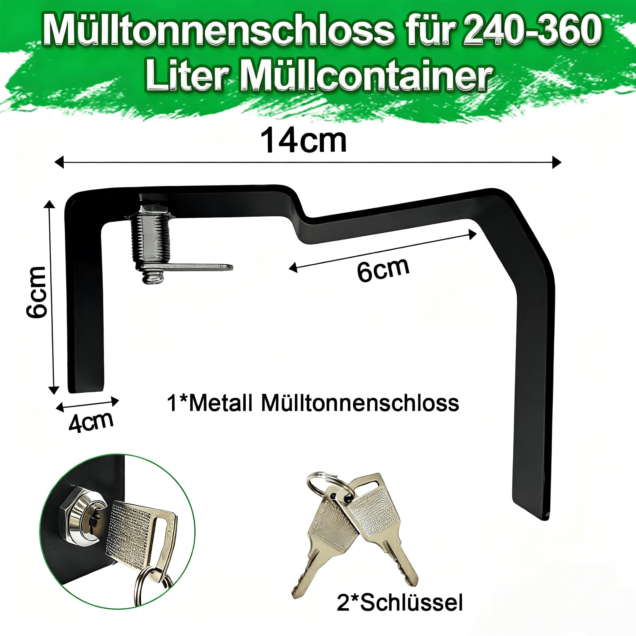 Metall Mülltonnenschloss 240-360 Liter Mülltonnenverriegelung für Müllcontainer und Mülltonnen Outdoor-Mülleimer robustes Edelstahl Mülltonnenverschluss Schloss ohne Bohren, mit Schlüssel