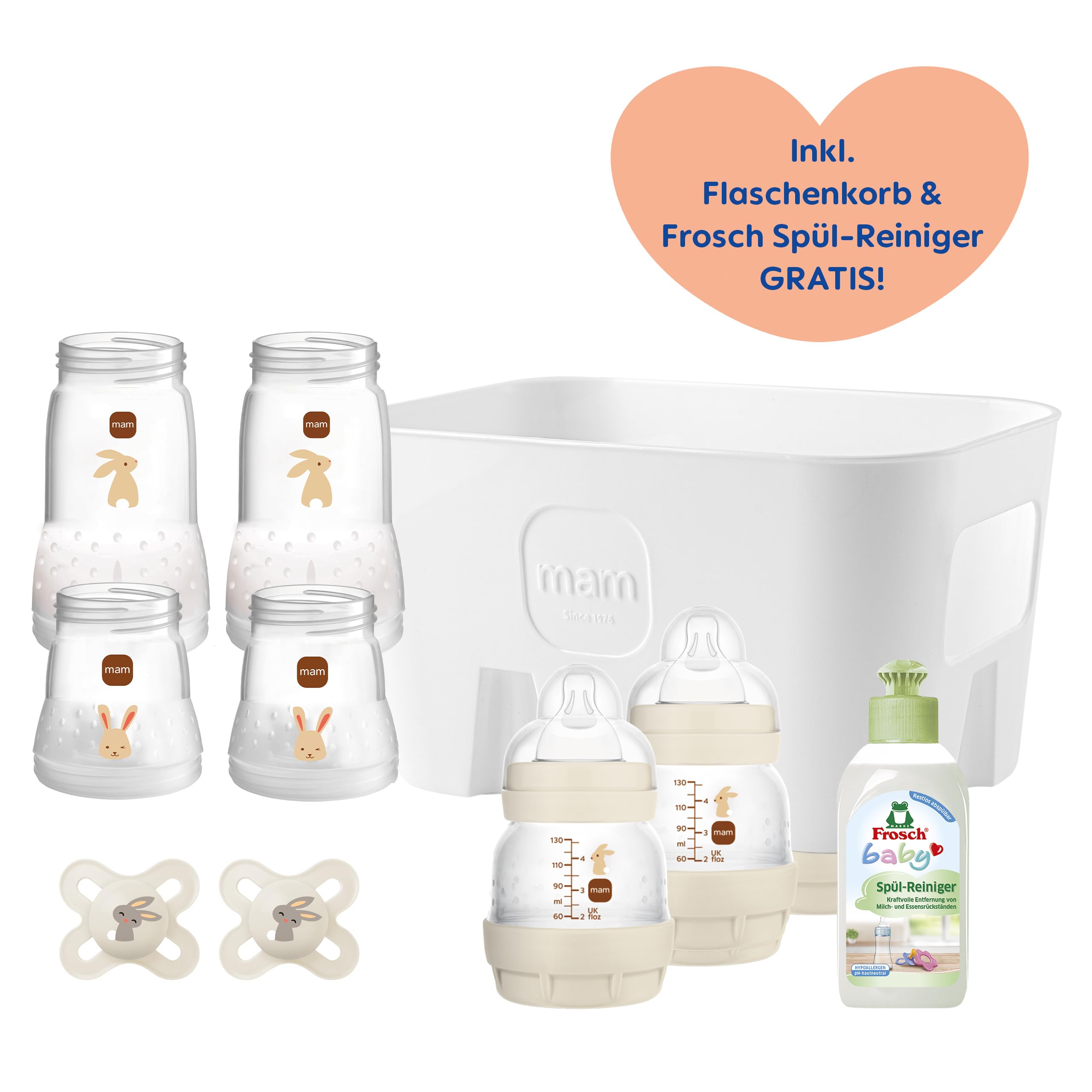 MAM Easy Start Anti-Colic-Set | 0+ Mon | Baby Geschenk Set | weniger Koliken | 94% Akzeptanz | 96% Hebammen-Empfehlung | 2 Babyflaschen & 4 Flaschenkörper & 2 Schnuller & Flaschenkorb | beige