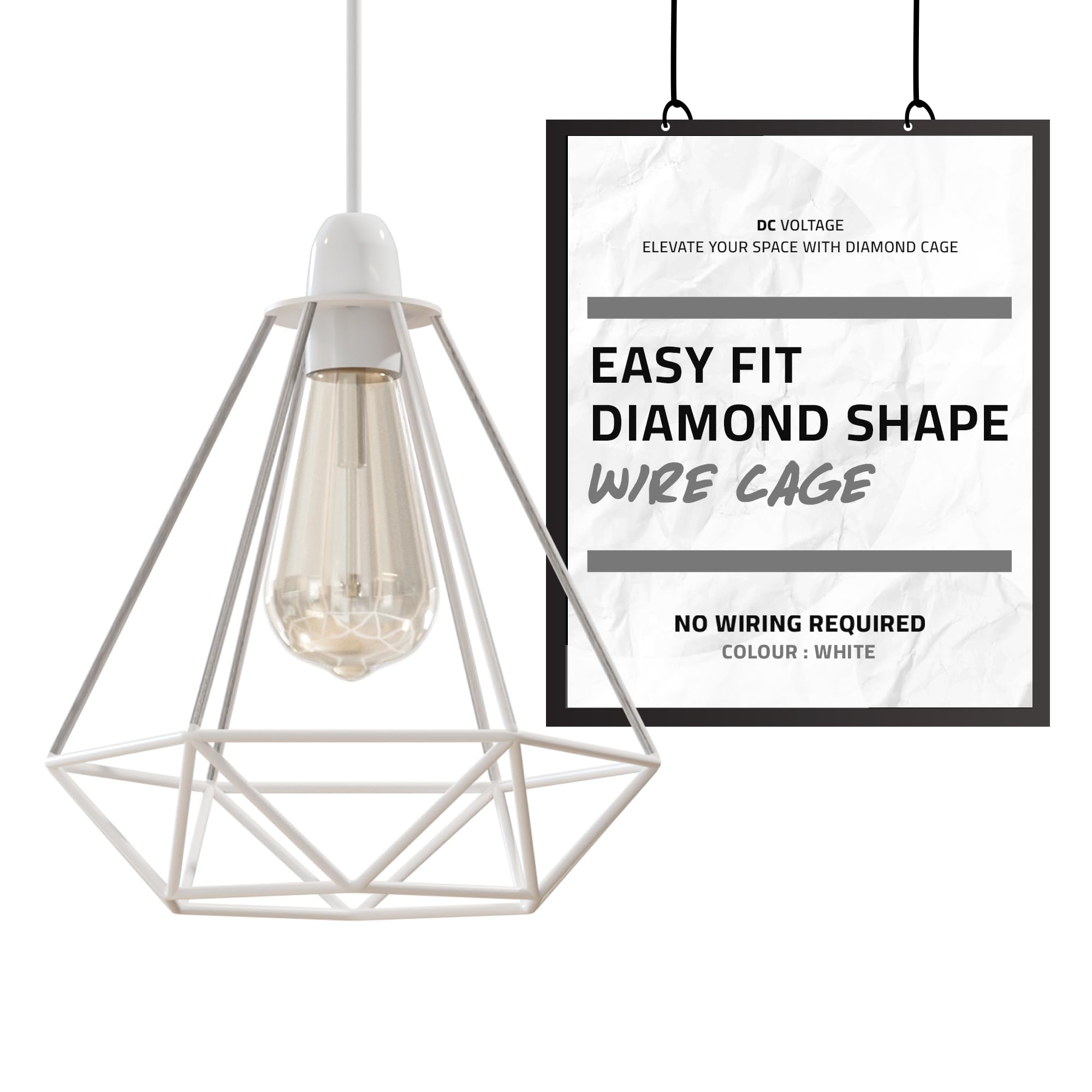 DC VOLTAGE Modern Easy Fit Metal Geometric Ceiling Pendant Light Shades Bulb Guards Wire Cage Lampshades for Kitchen, Living Room, Bedroom (White)