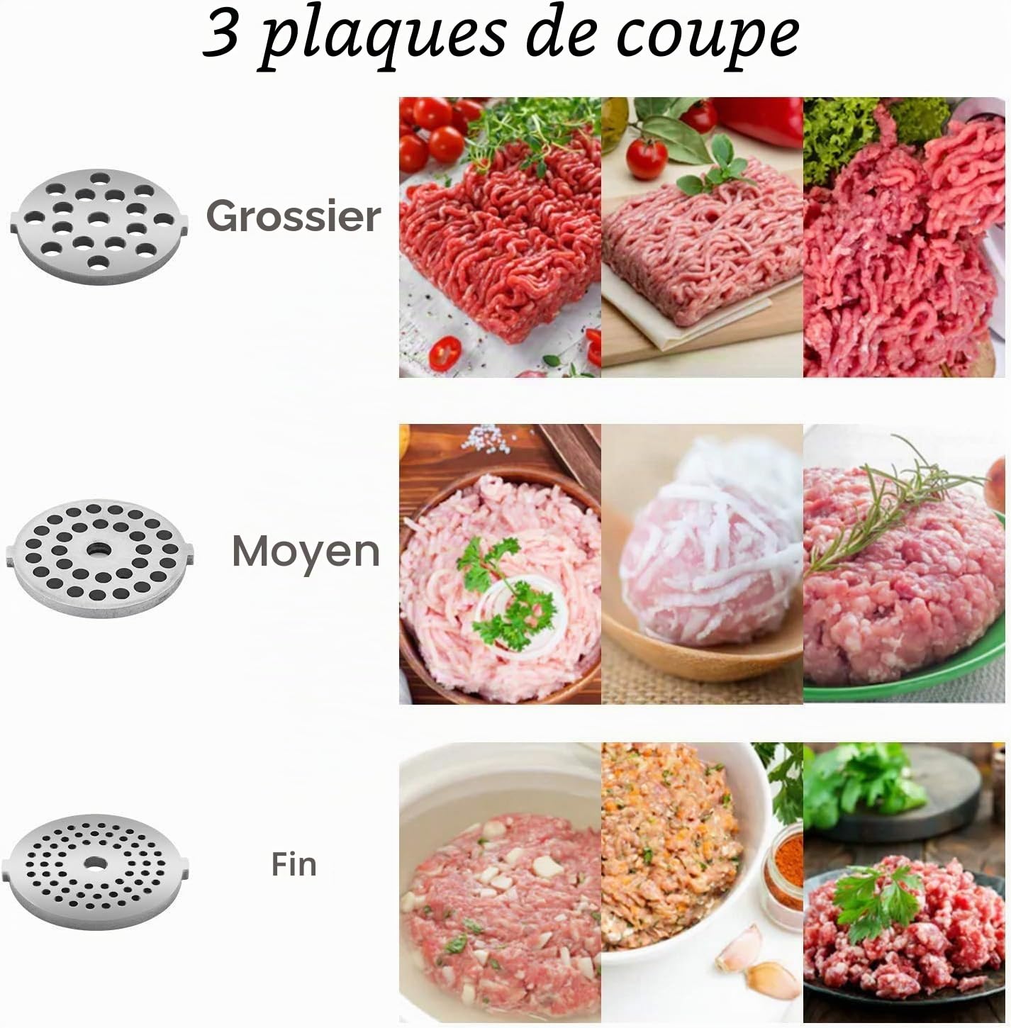 COOCHEER Hachoir à Viande Électrique 2000W, Multifonction avec 3 Disques de Broyage, Accessoire à Saucisses, Accessoire pour Viande, Légumes, Pâtisserie