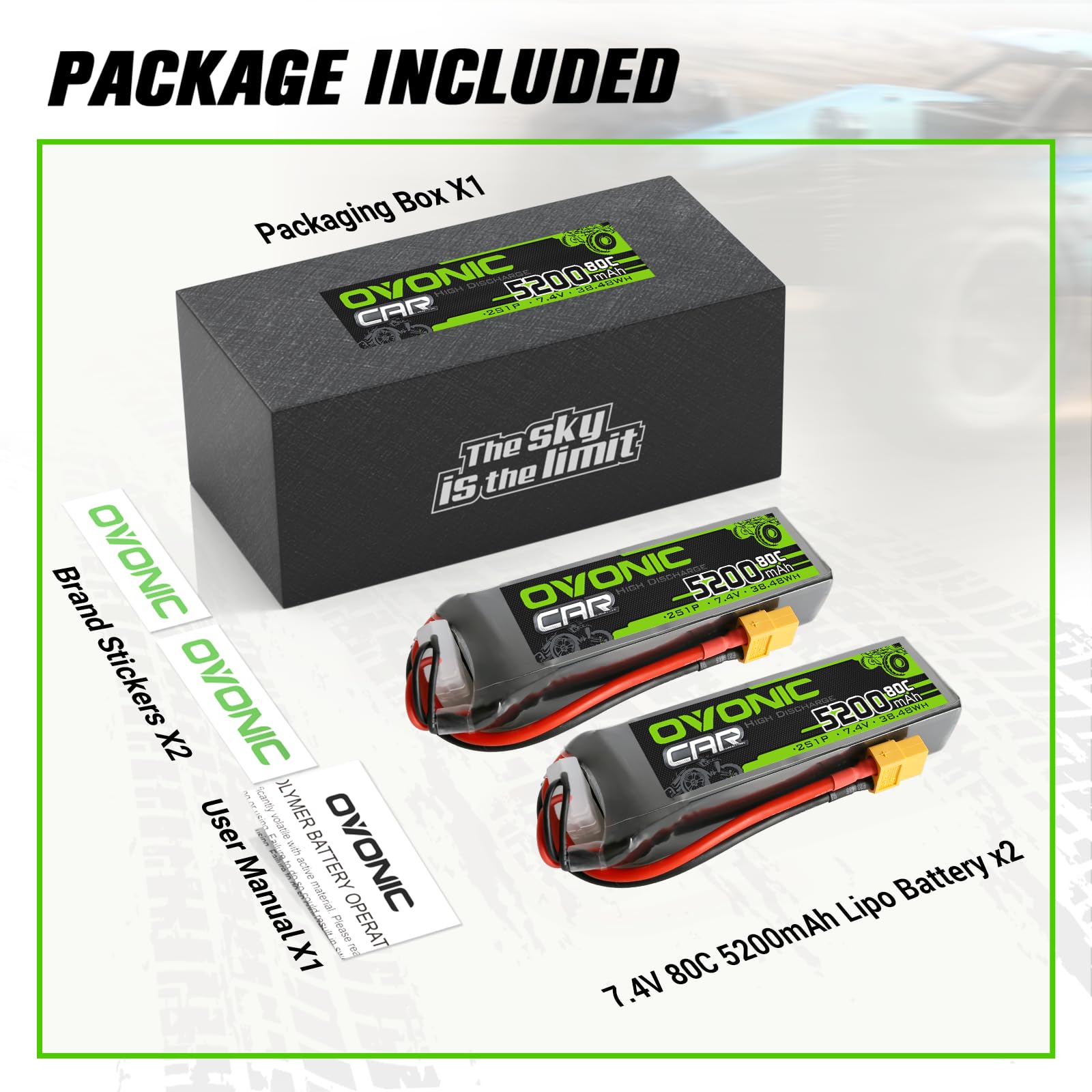OVONIC 2s Batterie Lipo 5200mAh 50C 7.4V Étui Rigide avec Connecteur Dean Style T pour RC Evader