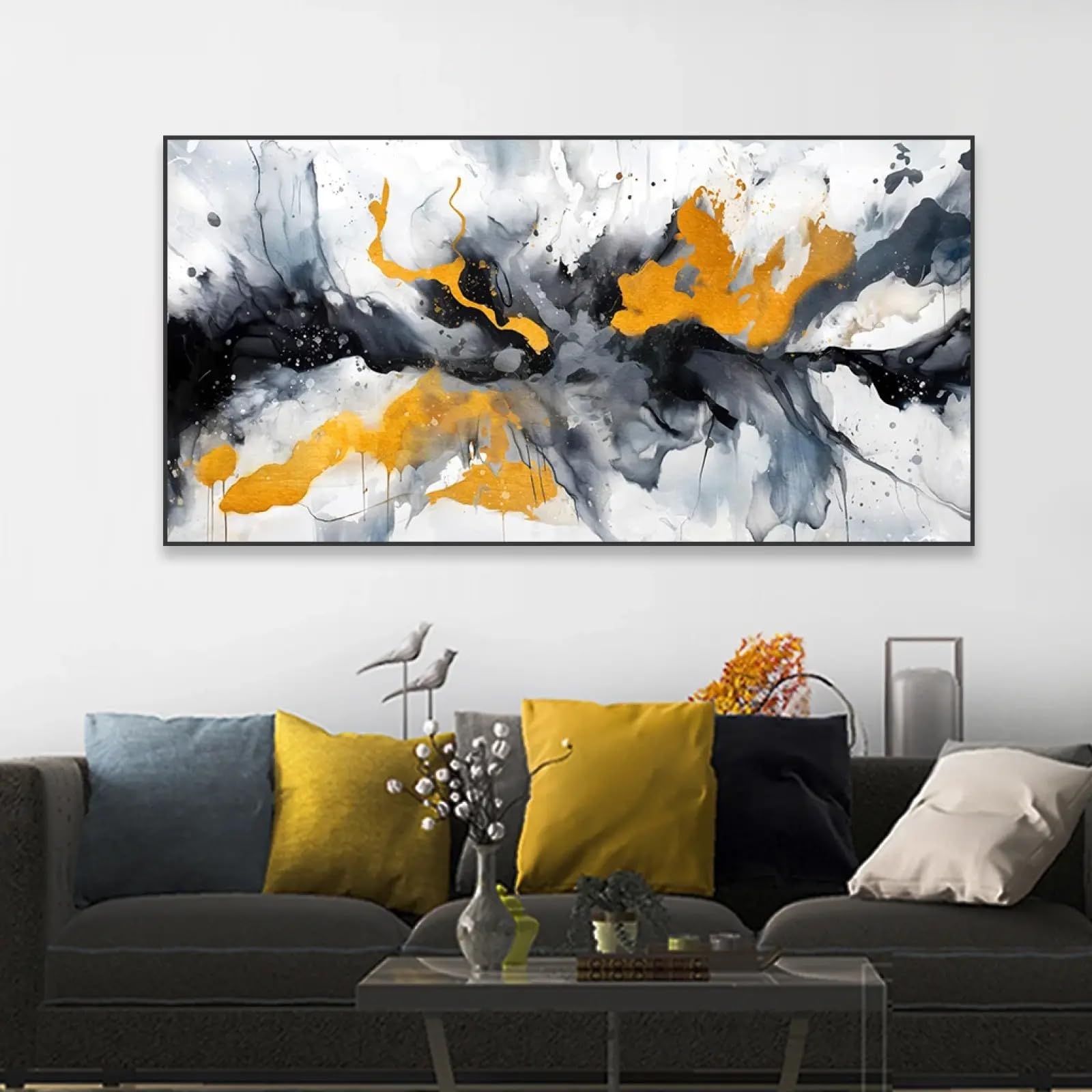Peinture murale salon pour habiller un grand mur vide avec une toile abstraite chic