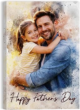 Ultragifta Personalized Fathers Day Gift for Dad, Custom Watercolor Canvas Prints with Your Photos, Customized Family Portrait Wall Art Picture Gifts for Grandpa Men Husband