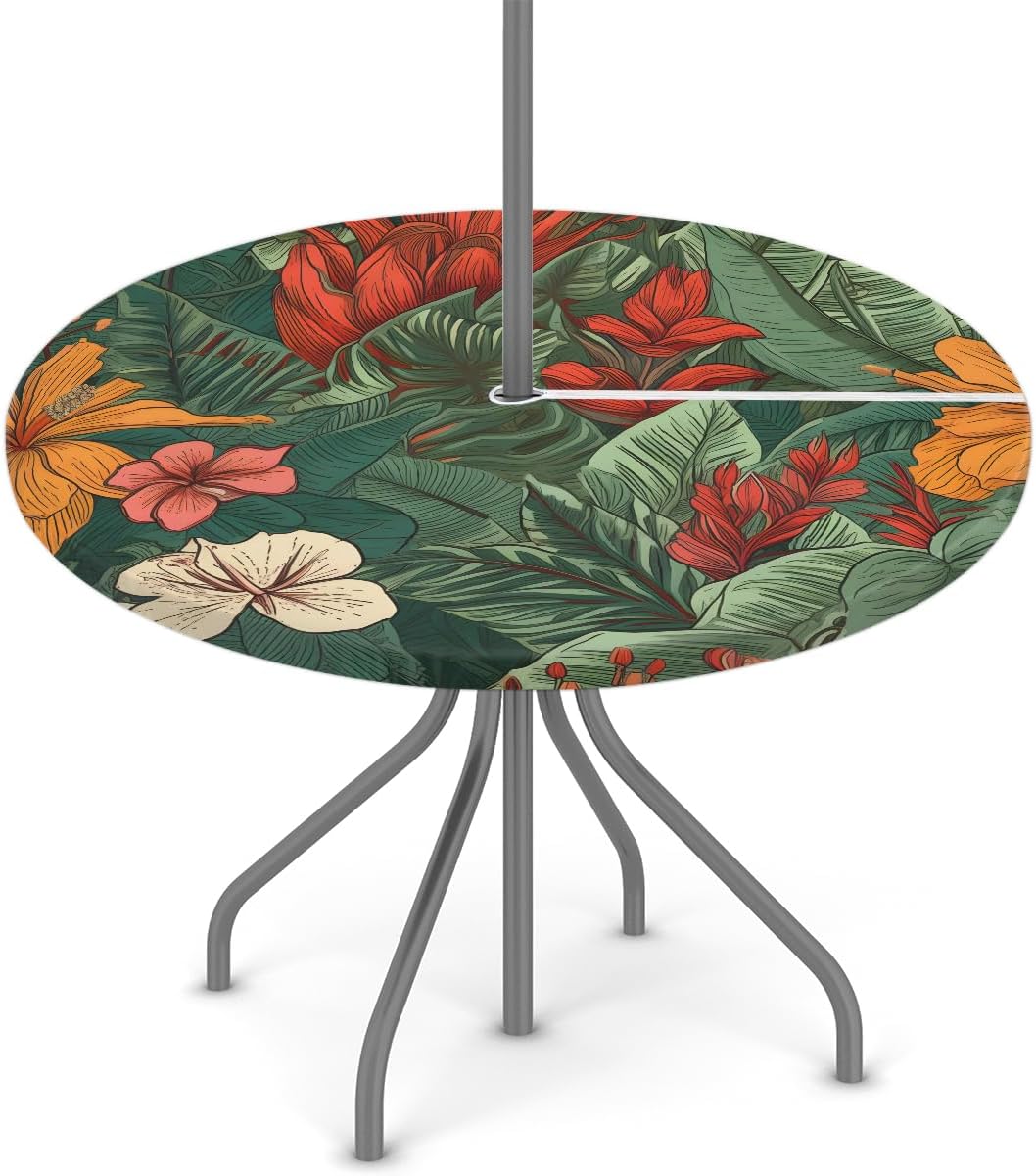 Palm Leaves Round Tablecloth with Umbrella Hole and Zipper Summer Flower Outdoor Fitted Table Cover for Patio Picnic BBQS Elastic Edged Table Cloths Fit 36"-44"