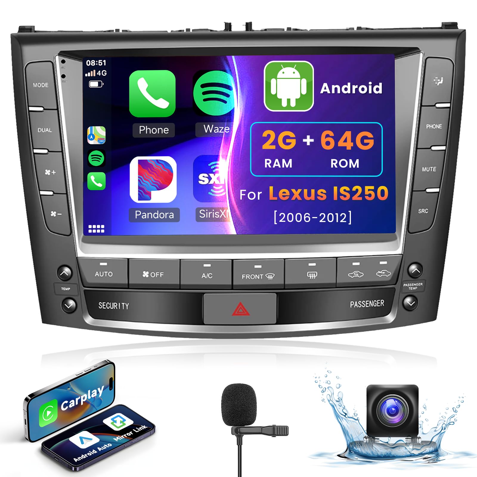 2+64G Car Radio for Lexus IS250 2006-2012 with HiFi Audio Wireless CarPlay/Android Auto, 9 inch Android 13 Touch Screen Car Stereo 16 EQ WiFi GPS Bluetooth FM/RDS Radio SWC HD Backup Camera