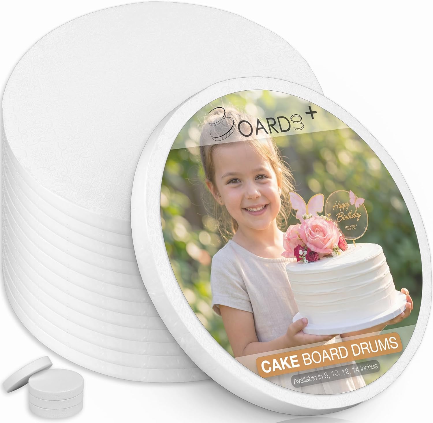 BOARDS+ Cake Drums 14 Inch (12 Pack) | 1/2" Thick CakeBoard Rounds + Prop Up Tool Included | 0.5" Sturdy Circles, Seamless & Greaseproof For Presenting Heavy/ Tiered Cakes