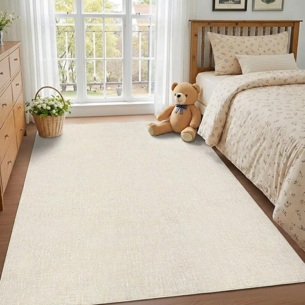 Garvee 4x6 Throw Rugs with Rubber Backing, Washable Area Rug for Bedroom Non Shedding Stain Resistant Solid Color Throw Rug Low Pile Ultra Soft Foldable Textured Mats for Entryway, Beige