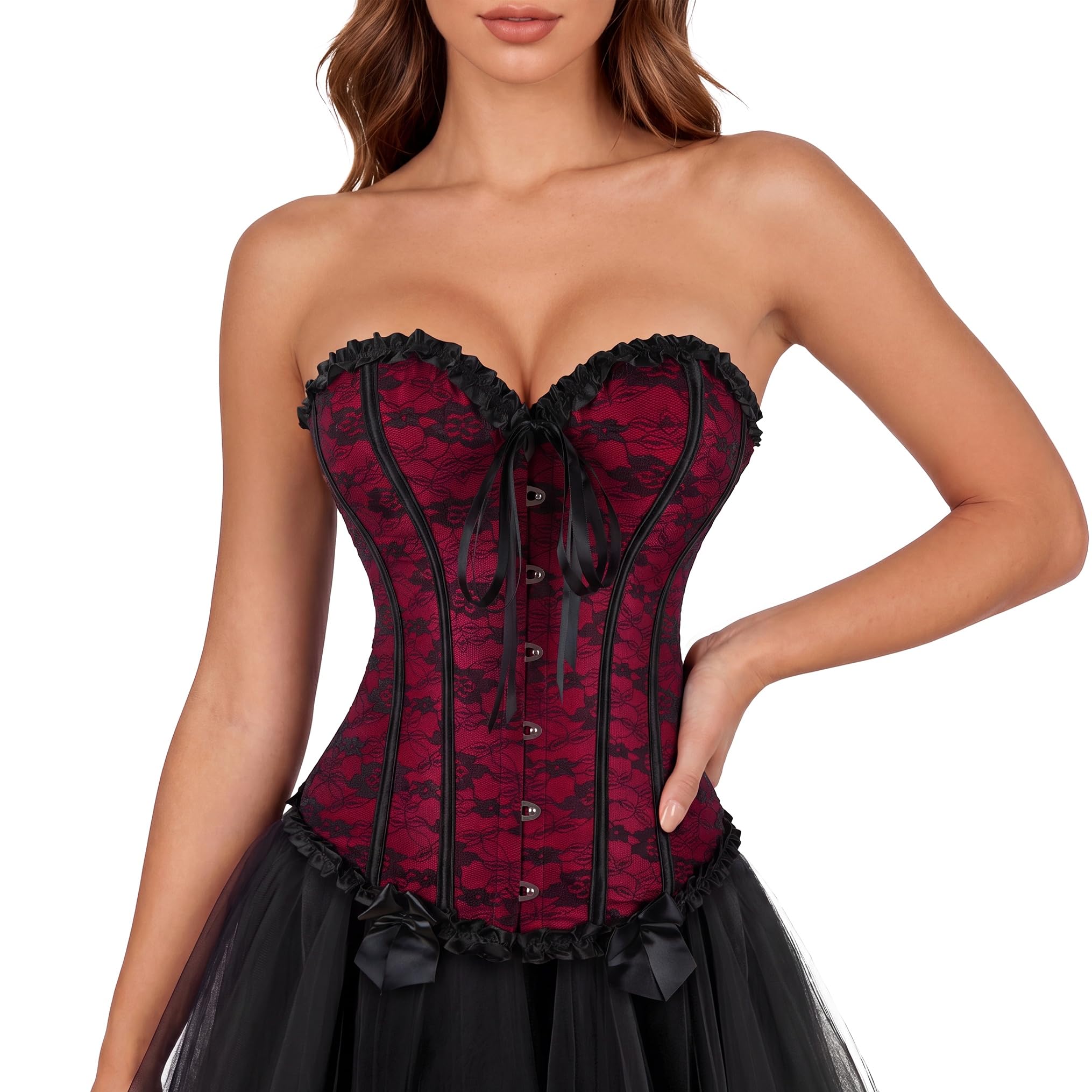 Zhitunemi Corsets For Vampire Costume Women: Floral Bustier Corset Tops For Women - Burlesque Moulin Rouge Costumes Medium Red