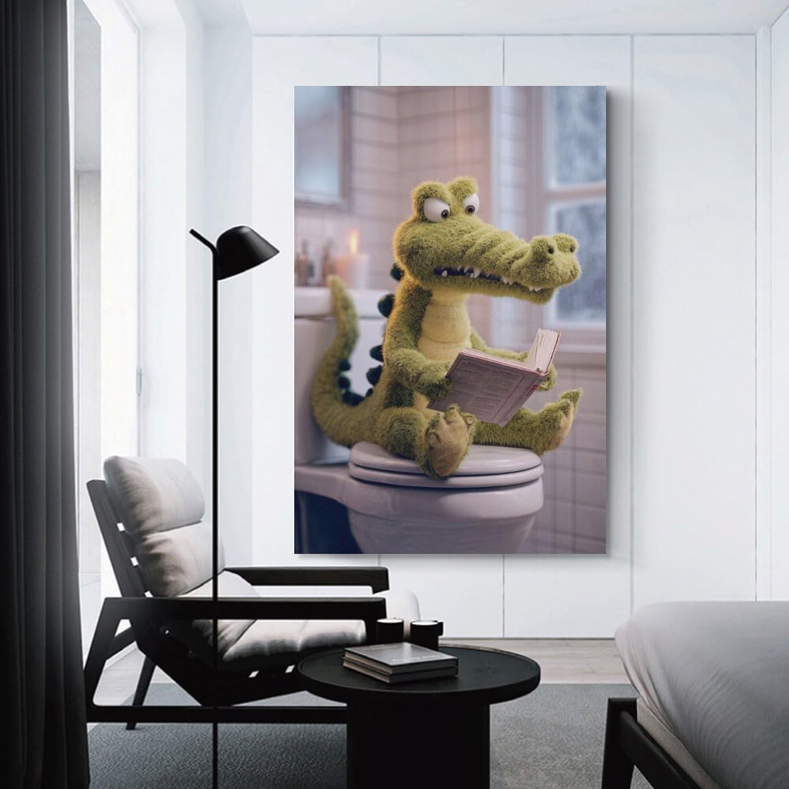 Junmoney Unframe-Style-15-1 Crocodile Reading On The Toilet Wall Decor Canvas Print, 16X24inch(40X60cm), For Wall Displays, Bedrooms Or Room Updates, Wall Decor Suited To Curated Displays