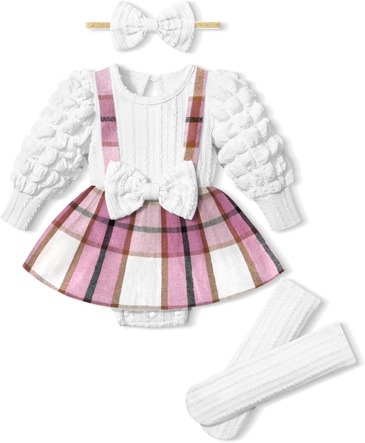 Queenstyle Baby Girl Clothes Dress Fall Winter Outfits Set Puff Sleeve Plaid Romper with Headband Stockings