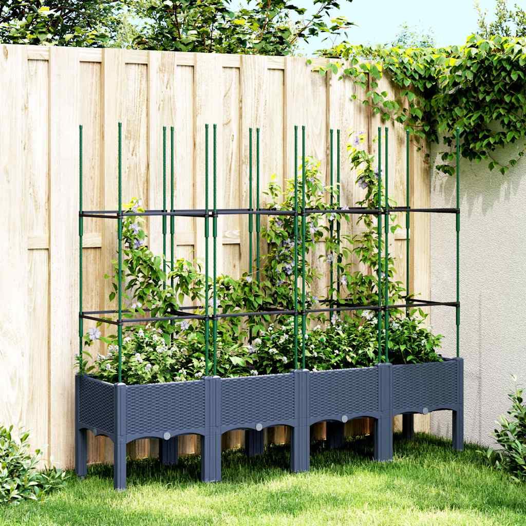 Jardinera con celosía con celosía elevada, celosía de jardín, contenedor de flores, color azul gris, 160 x 40 x 142,5 cm, polipropileno