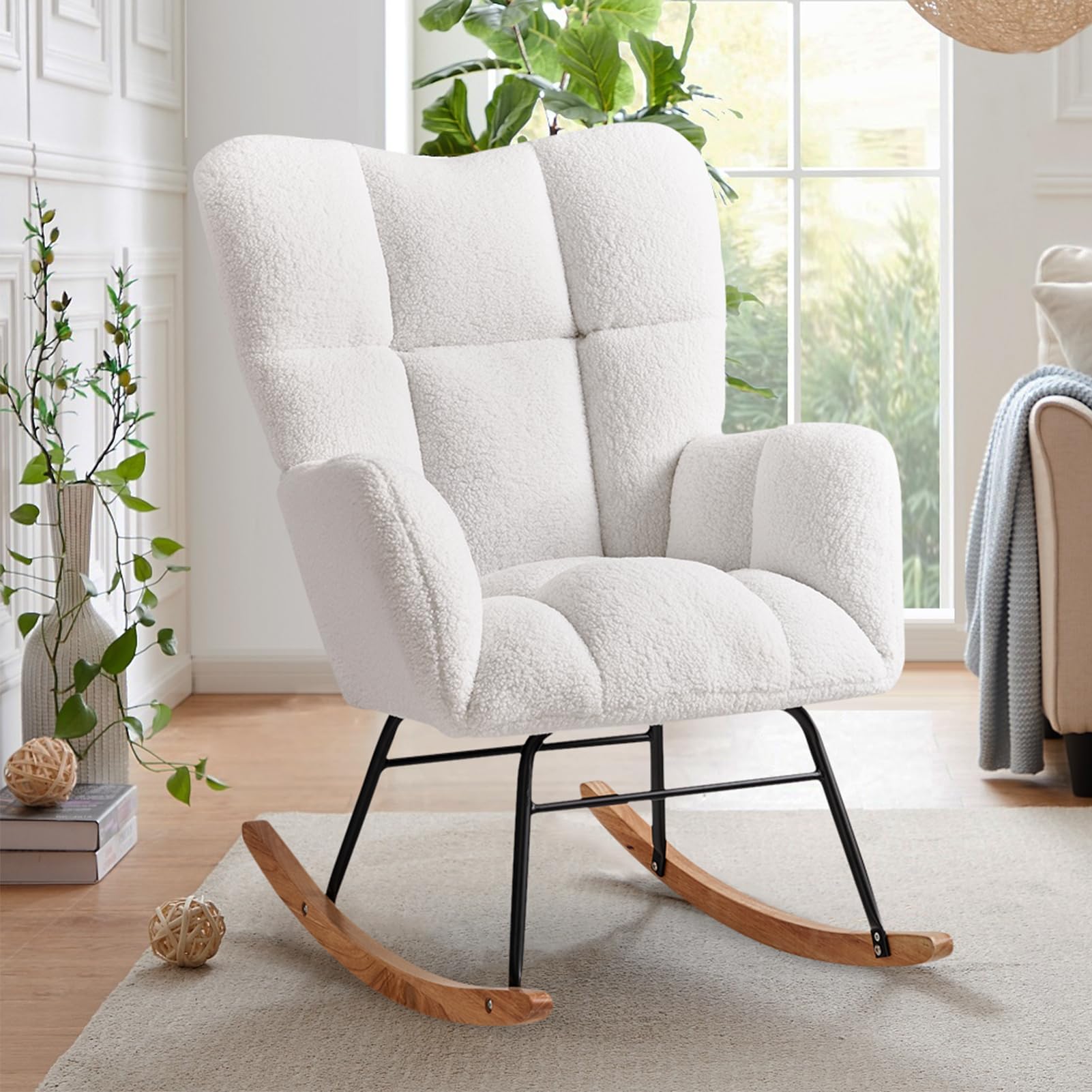 Kiztir Rocking Chair Nursery, High Backrest Teddy Glider Rocker Upholstered Rocker Recliner Modern Rocking Accent Chairs for Bedroom, Living Room,