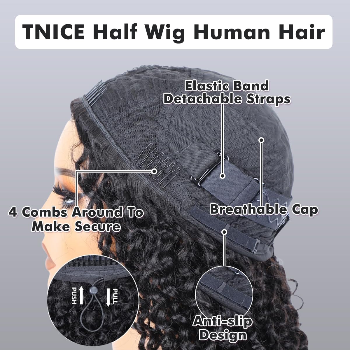 Half Wig Human Hair Perruque Bresilienne Cheveux Humain Wear and Go 3 In 1 Drawstring Perruque bandeau Femme Naturelle Brésilien Sans Colle Kinky Curly Wig 180% Density 20 Pouces