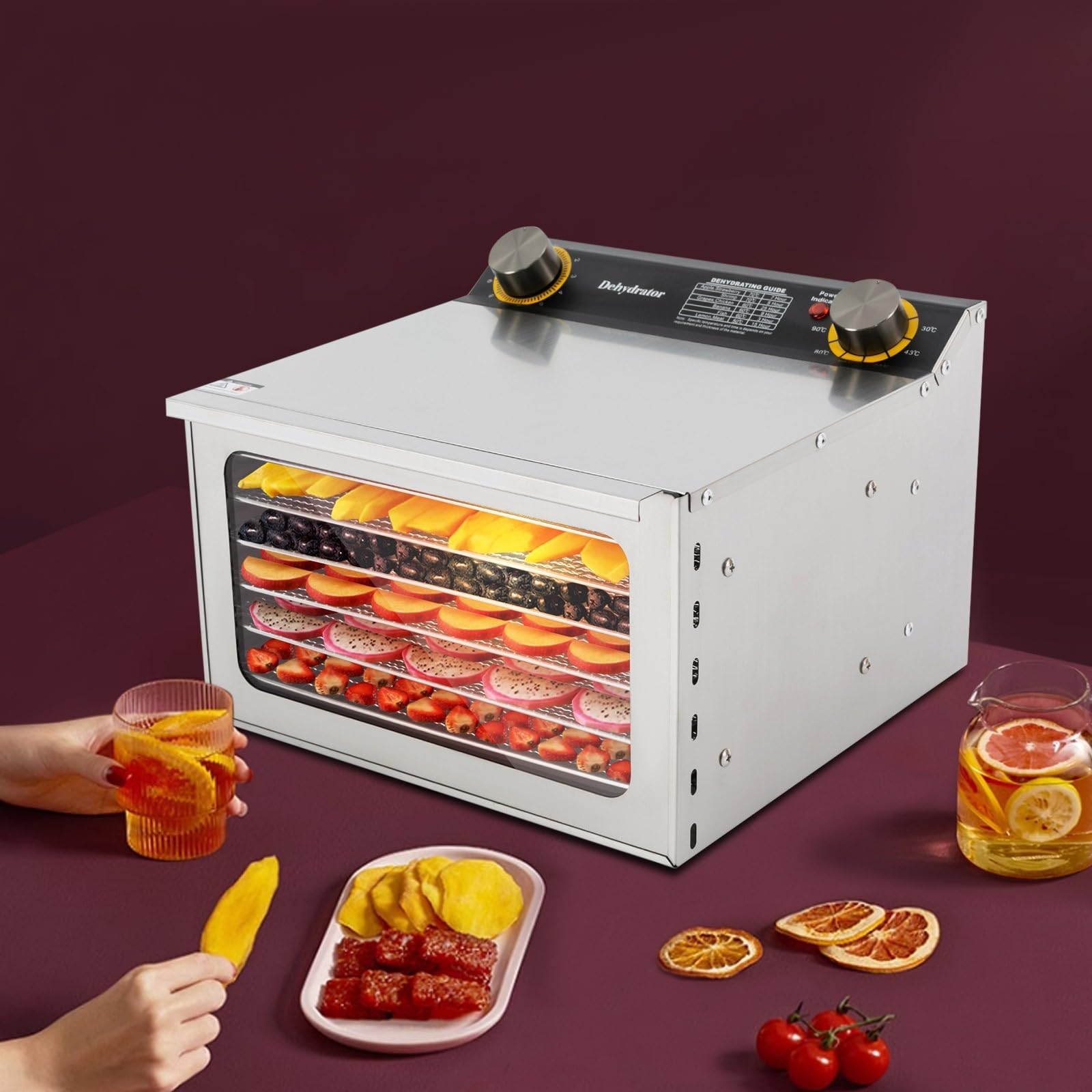 Suszarka ze stali nierdzewnej, z 6 wkładkami kratkowymi, do suszenia żywności, 400 W, regulacja temperatury do owoców, warzyw, mięsa, zastosowań kuchennych