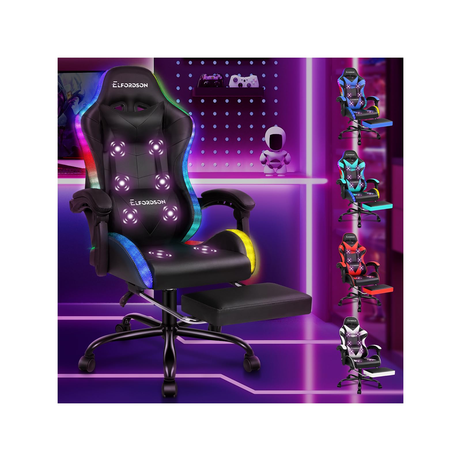 ELFORDSON LED Gaming Chair with 8-Point Massage, Ergonomic Computer Office Chairs with Headrest, Lumbar Cushion, Footrest, RGB Light, High Back 150° Reclining, 360° Swivel, PU Leather, Black