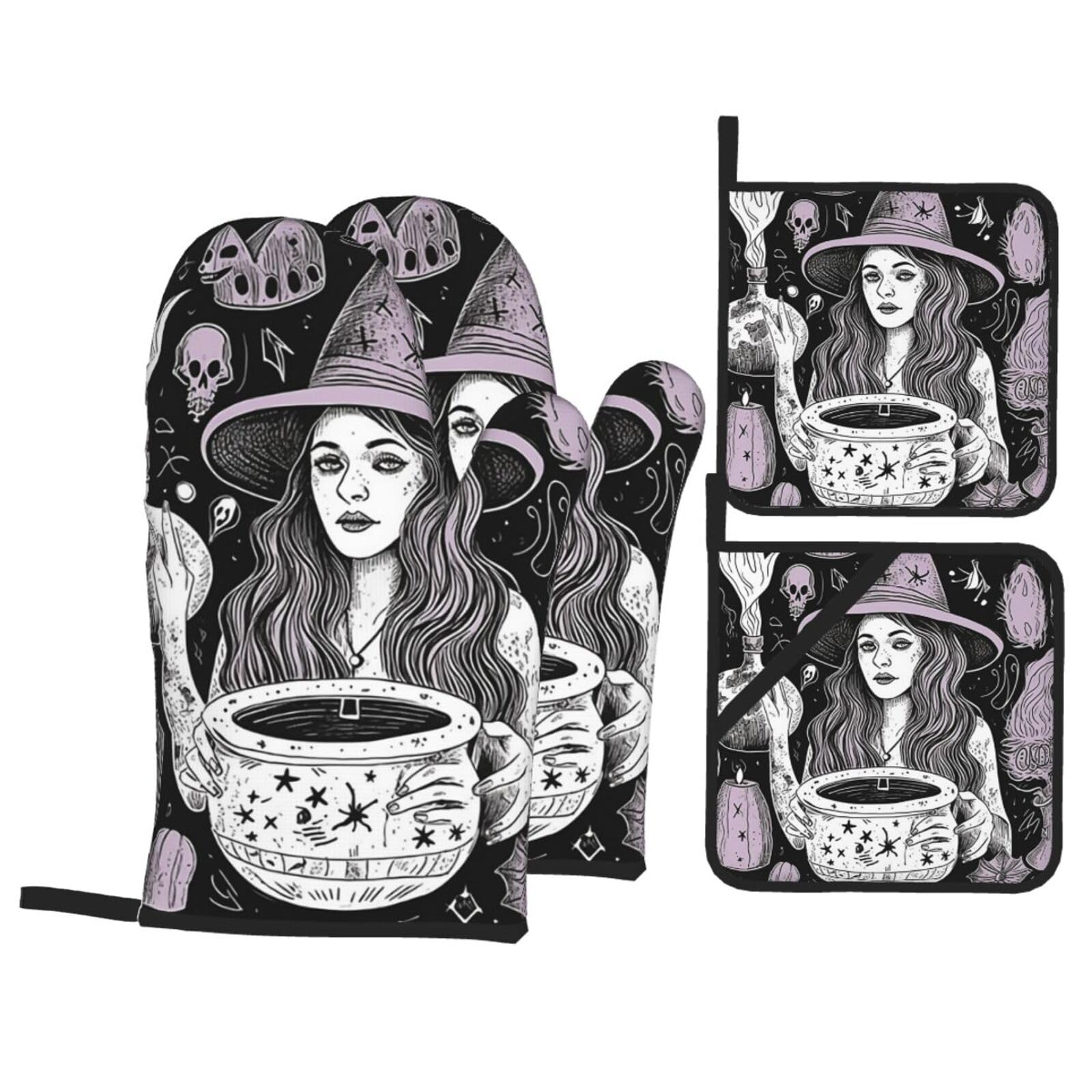 Vtctoasy Black Magic Witch Witchcraft Bohemian Drawing Oven Mitts And Pot Holders Sets Of 4,Non-Slip Heat Resistant Oven Gloves Hot Pads For Kitchen Cooking Baking Grilling Bbq Housewarming Gift