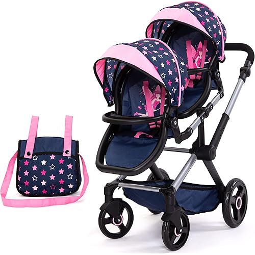 Bayer: Xeo Twin Pram: Stars Navy & Pink - Matching Handbag, Adjustable Handle, Dolls Up to 20", Ages 3+ | Baby Dolls | Pretend | Dress up