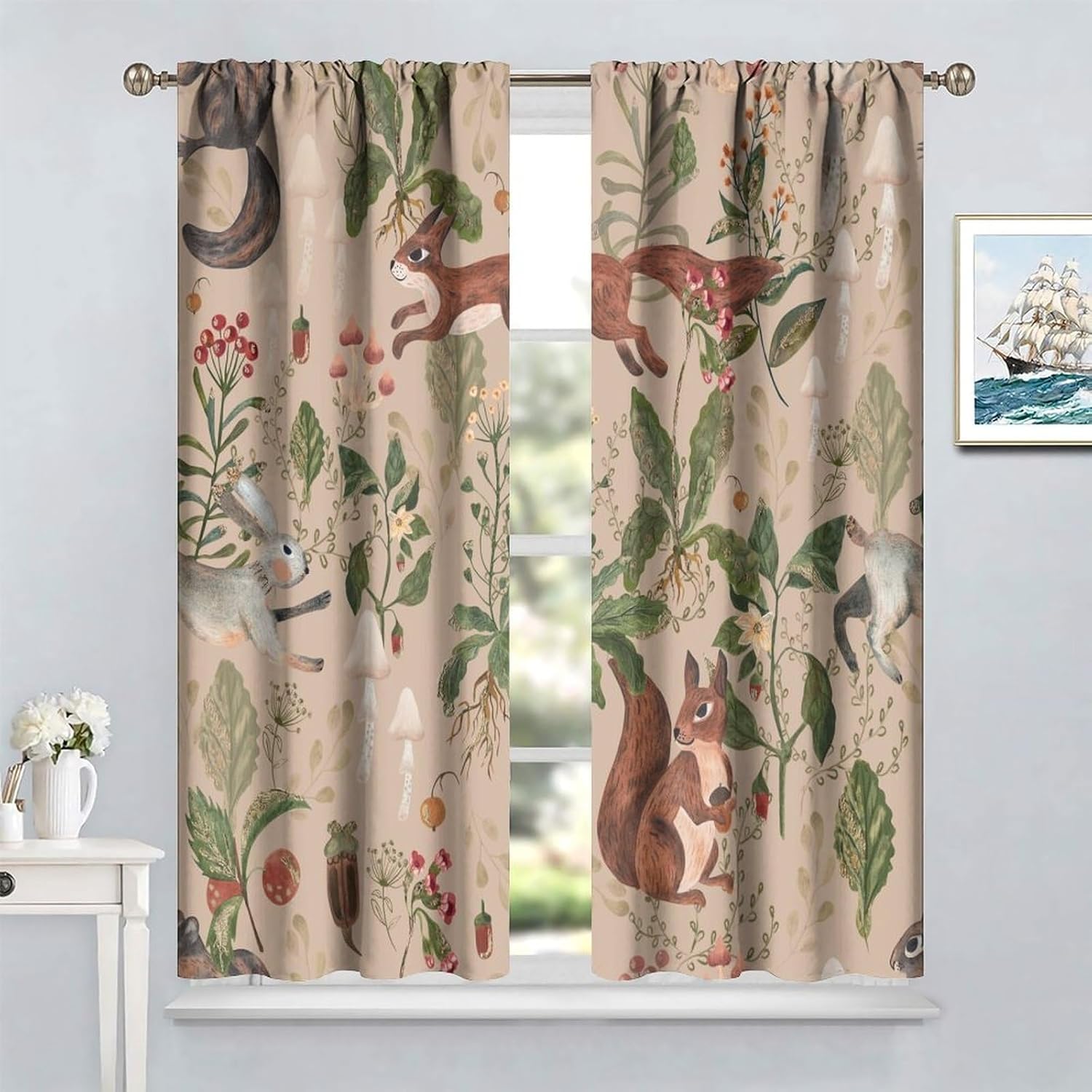 Rustic Woodland Curtains, Retro Cabin Lodge Fairy Tale Forest Watercolor Wild Animals Hare Squirrel Print Blackout Window Treatments for Living Room Bedroom 84x84in