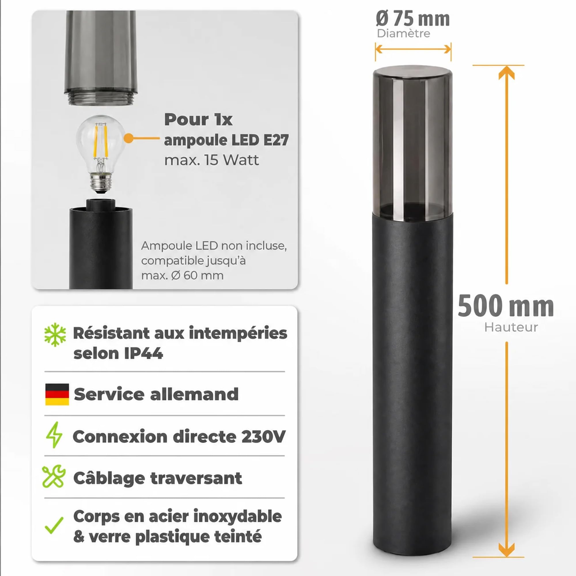 SSC-LUXon VARDA - Lampadaire d'extérieur (4 unités, culot E27, hauteur