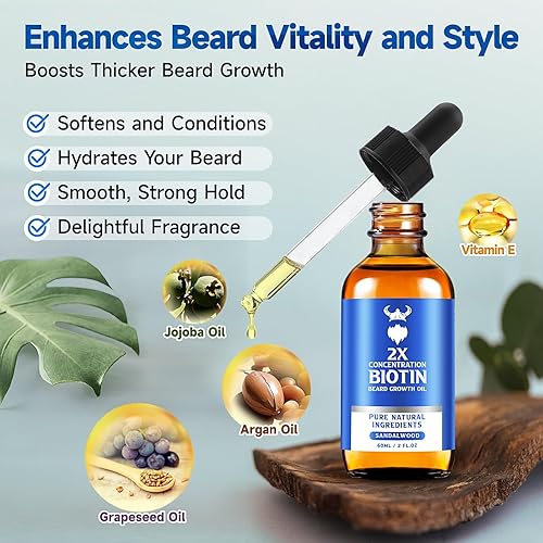 Miniatura 4 de Aceite para el crecimiento de la barba, aceite de biotina para barba de concentración 2X para hombres (2 onzas), aceite natural para barba con