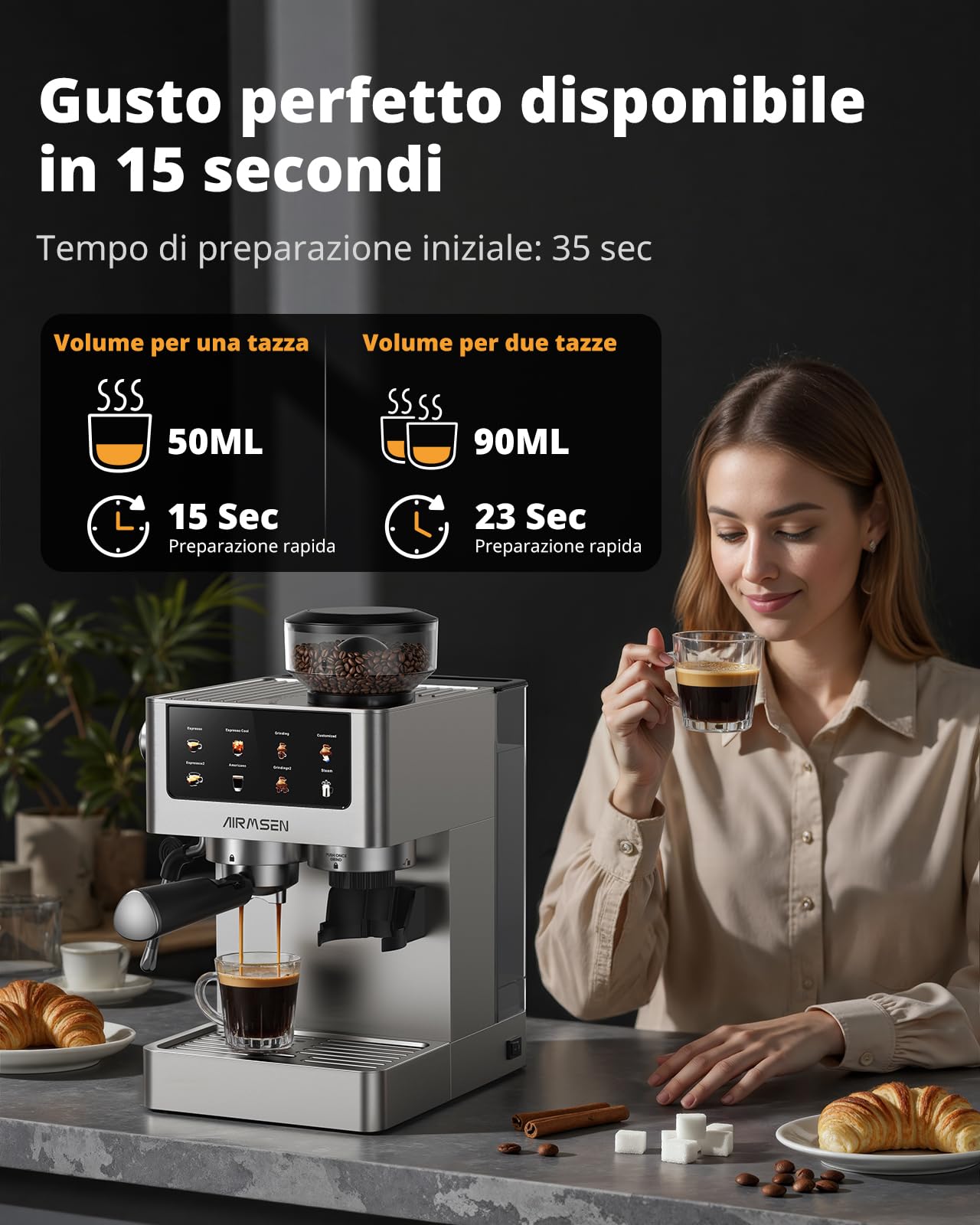 AIRMSEN Macchina per Caffè Espresso con Macinacaffè e Montalatte - Programmable, Compatibile con Caffe Freddo (Cold Brew) e Americano, Macchina da Caffè Domestica per Macinato​/Chicco intero