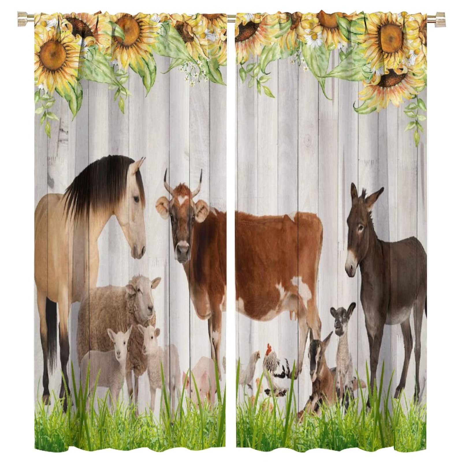 Farm Animal Curtains,Farmhouse Animals Cow Horse Sheep Duck Sunflower Wooden Plank Background Blackout Window Door Curtains for Bedroom Living Room Home Decor W63xL72in