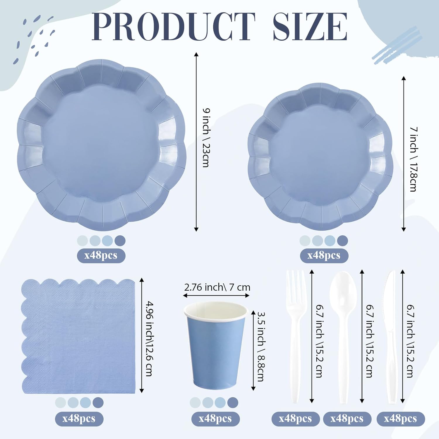 336 Pcs Dusty Blue Gradient Disposable Dinnerware Sets for 48 Guests, Blue Party Supplies Include Paper Plates, Cups, Napkins and Plastic Cutlery for Wedding, Birthday, Baby Shower Party