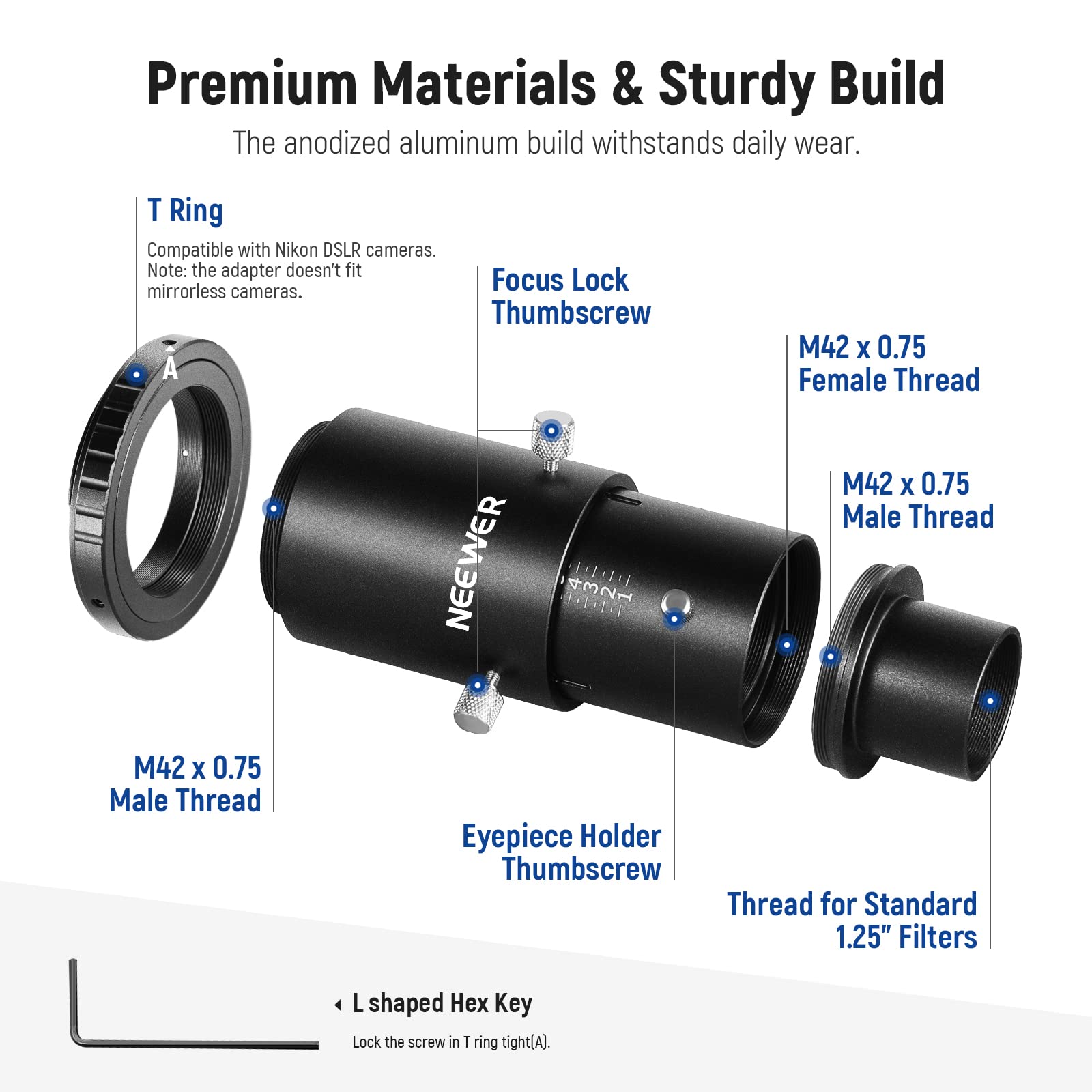 NEEWER Adattatore per Fotocamera per Telescopio Variabile da 1,25" e Kit Tubo di Estensione da 1,25", Compatibile con Nikon e Telescopio Oculare per l'Astrofotografia di Messa a Fuoco