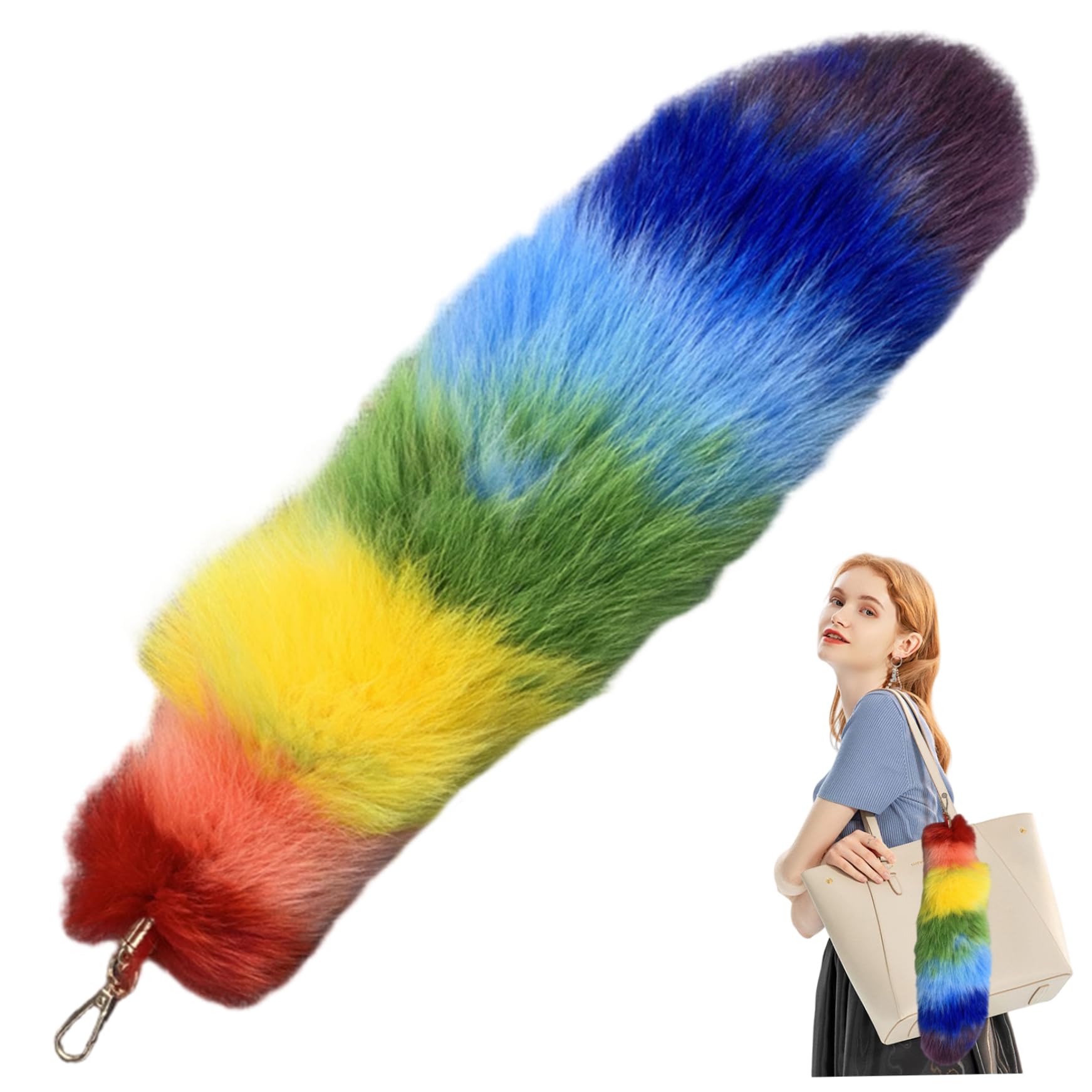Comebachome Therian Tail with Clasp, 15.8 Inch Long Plush Rainbow Hanging Fluffy Fox Tail Keychain for Handbag Backpack, Therian Cosplay Fashion Accessories Pendant, Decor
