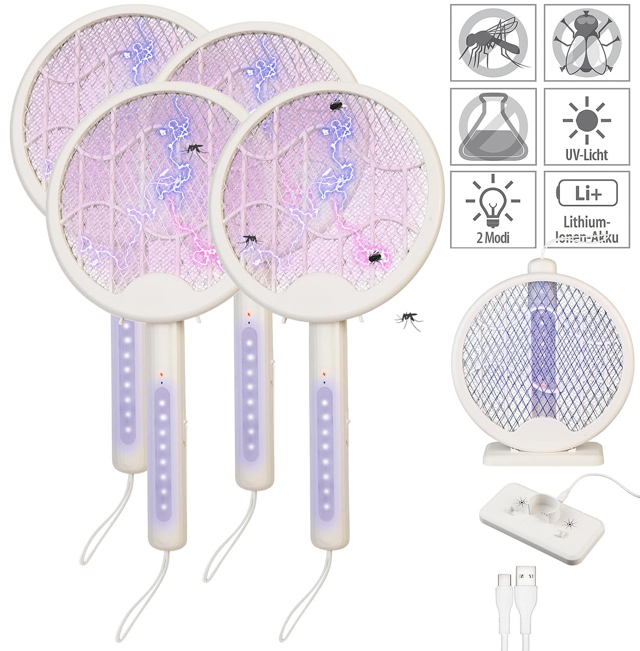 infactory Fliegen-Klatschen: 4er 2in1-Akku-Insektenvernichter & Fliegenklatsche mit UV-LEDs (Fliegenklatsche nmit UV Licht, Anti-Mücken-Lampen, Motten)