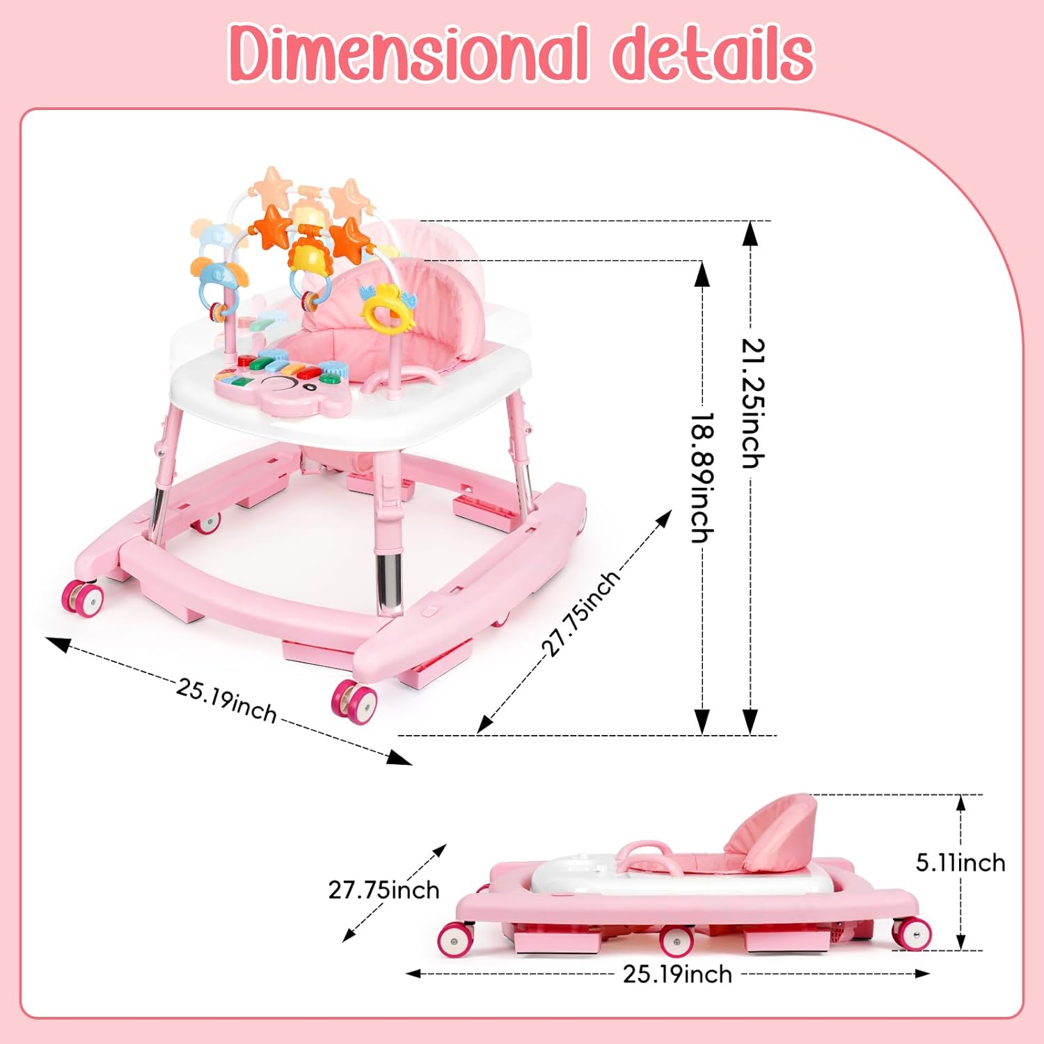 5 in 1 Baby Walker Foldable Music and Lights with 5 Adjustable Heights, Baby Walker with Wheels Portable, Infant Toddler Walker for Baby Boy Girls 6-18 Months (Pink)