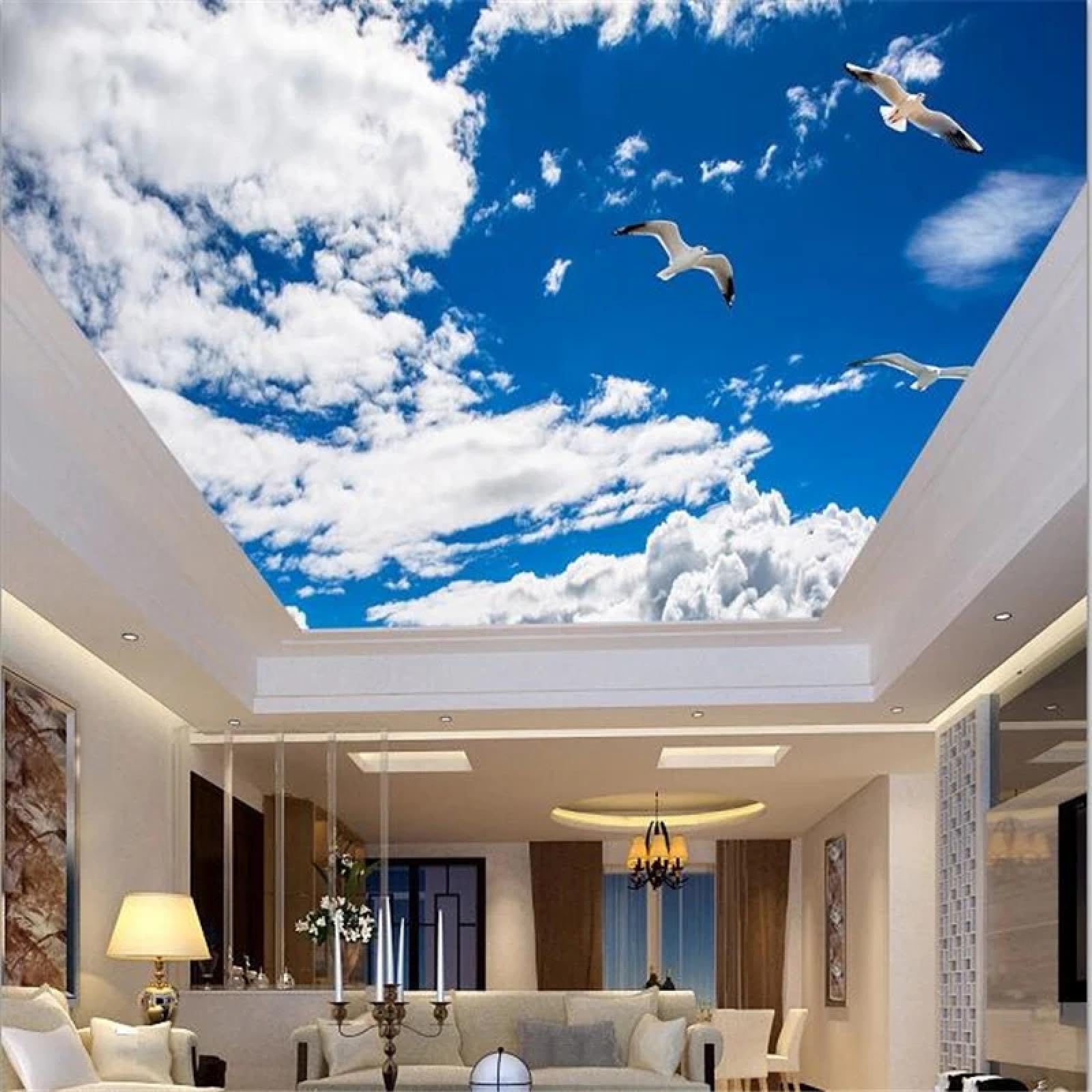 Papier peint plafond ciel bleu avec mouettes pour salon lumineux